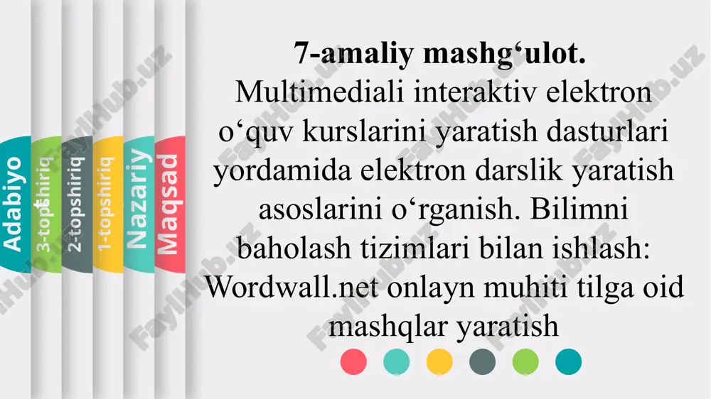 maqsad reja 1-reja 2-reja topshiriq adabiyot nazorat uchun savollar 1. resurs nima? 2. ta’lim resurslari nima? 3. elektron ta’lim resurslari nima? 4. hotpotatoes dasturidan foydalanib crossword tuzing (10 ta savol). 5. ispring quizmaker dasturi nima? 6. easyquizzy dasturida 50 ta test tuzing . maqsad nazariy 1-reja 2-reja topshiriq adabiyot adabiyotlar: 1. evans v., dooley j., wright s. (2018) information technology. express publishing. 2. gromov yu.yu. informatsionnie texnologii: uchebnik / yu.yu.gromov, i.v.didrix, o.g.ivanova, m.a.ivanovskiy, v.g.odnolko. – tambov: izd-vo fgbou vpo «tgtu», 2015. – 260 s. 3. zaxarova i.g. informatsionnie texnologii v obrazovanii: uchebnik dlya stud. uchrejdeniy vissh. prof. obrazovaniya / i.g.zaxarova. – 8-e izd., pererab. i dop. – m.: izdatelskiy tsentr «akademiya», 2013. – 208 s. 4. david watson and helen williams. cambridge igcse computer science hodder education group, 2015. 278p. 5. turdieva g.s., qurbonov b.s., bo‘ronova g.y. ta’limda axborot texnologiyalari : o‘quv qo‘llanma / g.s. turdieva, b.s. qurbonov, g.y. bo‘ronova. …
