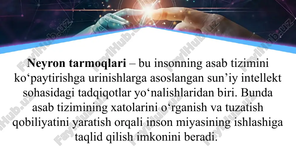 nga nisbatan ommaviy qiziqish 2012-yilda boshlangan. this presentation uses a free template provided by fppt.com www.free-power-point-templates.com sun’iy intellekt tizimlarida asosan ikkita asosiy tushuncha mavjud: this presentation uses a free template provided by fppt.com www.free-power-point-templates.com neyron to'ri mazmun mohiyatiga ko'ra insonning biologik neyron to'ri faoliyatini qisqartirilgan shaklda akslantiruvchi matematik model va matematik modelni dastur sifatida realizatsiya qilishni ifoda etadi. mashinali o'qitish maxsus algoritmlar to’plami bo’lib, bu to'plamlar neyron tarmoqlari xossasining negizini tajribalardan olinadigan ma'lumotlar asosida o’zini-o’zi o‘qitish qobiliyatini namoyon qiladi. sun’iy intellektning asosiy toifalari: this presentation uses a free template provided by fppt.com www.free-power-point-templates.com chegaralangan sun’iy intellekt (ing. artificial narrow intelligence, ani) ma’lum bir sohaga yo’naltirilgan maxsus dasturiy-apparatli majmuani tashkil etadi. masalan, kompyuter dasturi shaxmat bo'yicha chempionni mag'lub etishi mumkin, lekin bu dastur faqatgina shu ishni bajara oladi xolos. sun’iy intellektning asosiy toifalari: this presentation uses a free template provided by fppt.com www.free-power-point-templates.com 9 umumiy sun’iy intellekt (ing. artificial general intelligence, …
