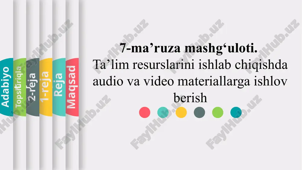 ha "videre" fe’lidan kelib chiqqan bo‘lib, bu “ko‘rmoq” ma’nosini anglatadi. “video” so‘zi tasvir va harakatlarni ifodalovchi materiallarni, masalan, film, televideniye yoki raqamli videolarni ta’riflashda ishlatiladi. maqsad reja 1-reja 2-reja topshiriq adabiyot video qurilmalar kamera: video tasvirlarni olish uchun ishlatiladi. raqamli kameralar va mobil telefonlar keng qo‘llaniladi. maqsad reja 1-reja 2-reja topshiriq adabiyot video qurilmalar videoregistrator: videoni yozib olish va saqlash uchun qurilma. maqsad reja 1-reja 2-reja topshiriq adabiyot video qurilmalar monitorlar: video tasvirlarni ko‘rish uchun. elektron nurli trubkali (crt) monitor suyuq kristalli (lcd) monitor plazmaviy panelli monitor maqsad reja 1-reja 2-reja topshiriq adabiyot video qurilmalar video tahrirlash dasturlari: video’ni tahrir qilish va montaj qilish uchun (masalan, adobe premiere pro, final cut pro). maqsad reja 1-reja 2-reja topshiriq adabiyot audio fayllarni yaratish fayl formatlari: mp3: eng keng tarqalgan audio format. kichik hajmi va sifatli ovozi bilan mashhur. wav: yuqori sifatli, ammo katta hajmga ega format. ko‘proq professional ishlarda qo‘llaniladi. aac: mp3 …