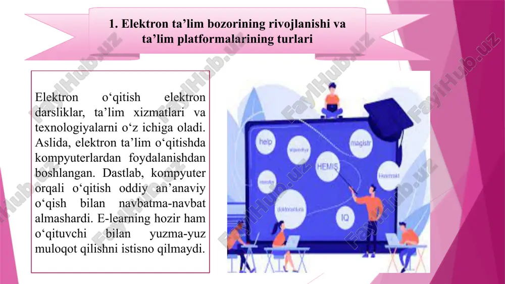 bilim va ko‘nikmalarini rivojlantirib boradilar. elektron kurslar shuningdek, o‘quv materiallarini o‘z vaqtida va samarali yangilashga imkon beradi. 2. ta’lim olish uchun teng imkoniyatlar - o‘qitish ma’lum bir ta’lim muassasasida o‘qitish sifatiga bog‘liq bo‘lmaydi. 3. bilimlarni baholash mezonlarini aniqlash imkoniyati - elektron ta’lim orqali o‘quv jarayonida o‘quvchining olgan bilimlari baholanadigan aniq mezonlarni belgilash imkoniyati bor. !!! elektron o‘quv bozori. global elektron ta’lim 2000 yilning o‘zidayoq 48 milliard dollarni tashkil etgan. elektron ta’lim internet va multimediya rivojlanishi natijasida shakllandi. zamonaviy dunyoning tezkorligi bilimlarni shakllantirish va ularni uzatishning eng tez va arzon usullaridan foydalanishni talab qiladi. elektron ta’lim esa aynan ushbu maqsadlarga javob beradi. o‘qish jarayonida elektron ta’lim. babson survey research group ma’lumotlariga ko‘ra, 2012 yilda qo‘shma shtatlardagi oliy ta’limda 6,7 million talaba onlayn ta’limga jalb etilgan. masofaviy ta’lim tizimida: ma’lumotlar bazasini yaratish. kitoblar, videolar, elektron kurslar, testlar va boshqa ta’lim kontentini bir joyda saqlash lozim. xodimlar xohlagan vaqtda portalga borib, kerakli materialni …