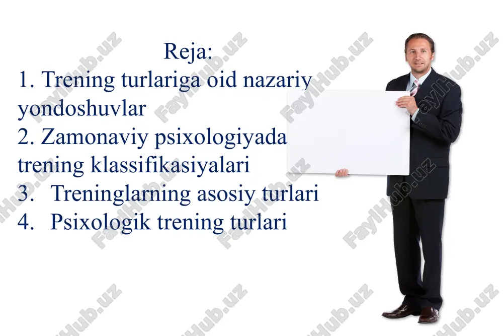 ay treningda ishtirokchilarning erkinlik prinsipi talab etiladi. trener guruh faoliyatini boshqarish va tashkillashtirishdan voz kechadi, shu usul orqali frustrasiyani yuzaga keltiradi. natijada ishtirokchilarning o‘zi faollashib mashg‘ulot davomida kechayotgan barcha jarayonga nisbatan mas’uliyatlari oshadi. asosiy diqqat bu yerda guruhiy jarayon yoki shaxslararo ta’sir ko‘nikmalarini rivojlantirish jarayoniga emas, balki, autentlikni (muvofiqlikni) izlashga va boshqa insonlarga nisbatan ochiqlikka qaratilgan bo‘ladi. shuningdek, psixologik himoya to‘siqlarini kamaytirish va shaxsiy darajadagi nosamimiylikni bartaf etish hisobiga o‘z-o‘zini anglashni rivojlantirishdan iboratdir. 7 guruhiy dinamika nazariyasini amaliyotda sinash va tasdiqlash; ishtirokchilar hayotda to‘qnashadigan muammolarga qayta ishlov berish; ishtirokchilarga boshqarish ko‘nikmasini rivojlantirishga yordam berish; ishtirokchilarni shaxslararo munosabatlar jarayonidagi pozitiv xulq-atvorga o‘rgatish; k’yel rudestam guruhiy uchrashuvning quyidagi maqsad va vazifalarini sanab o‘tadi: olingan bilimlarni guruhdan tashqarida ham qo‘llay olishga o‘rgatish. psixodinamik yondashuvga transaktanaliz, psixodramma va tana tanaterapiyasi kiradi. v.yu.bolshakov o‘zining «psixotreninglar» deb nomlangan kitobida transaktanalizni inson o‘zini va boshqalarning xulq-atvorini tahlil qilishga ratsional qarashni o‘rgatuvchi, o‘zini va o‘zgalar shaxsi psixologiyasining mohiyatini …