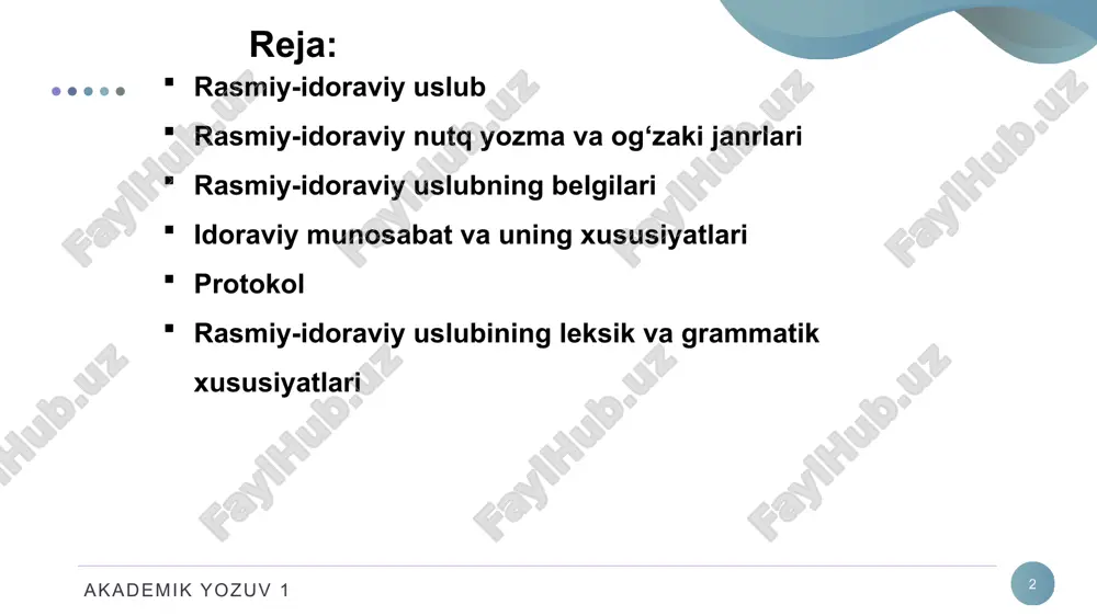 ssional ko'rinishining eng muhim qismini ifodalaydi. akademik yozuv 1 7 idoraviy munosabat va uning xususiyatlari idoraviy munosabatning o'ziga xos xususiyati uning tartibga solinishi, ya'ni belgilangan qoidalar va cheklovlarga bo'ysunishdir. ushbu qoidalar idoraviy munosabatning turi, uning shakli, rasmiyatchilik darajasi va muloqotga kirishuvchilar oldiga qo‘yilgan aniq maqsad va vazifalar bilan belgilanadi. bu qoidalar milliy madaniy an'analar va ijtimoiy xulq-atvor me'yorlari bilan belgilanadi. akademik yozuv 1 8 idoraviy munosabat va uning xususiyatlari ular qayd etiladi, protokol (idoraviy, diplomatik) shaklida tuziladi, ijtimoiy xulq-atvorning umumiy qabul qilingan me'yorlari shaklida, axloqiy talablar shaklida, aloqa vaqtidagi cheklovlar shaklida mavjud. akademik yozuv 1 9 protokol protokol (qad.-grek. πρωτόκολλον; ot πρώτος «birinchi» + κόλλα » «kley) boshlang‘ich — biron-bir voqea, dalil yoki kelishuvni belgilovchi hujjat. akademik yozuv 1 10 protokol idoraviy protokol - ish dunyosidagi munosabatlarning muayyan ssenariyidir. butun idoraviy protokol biznes dunyosida qabul qilingan qoidalar va shartlilik to'plamidir. idoraviy protokol qoidalari mustahkam emas. ular turli xalqlarning urf-odatlari va …