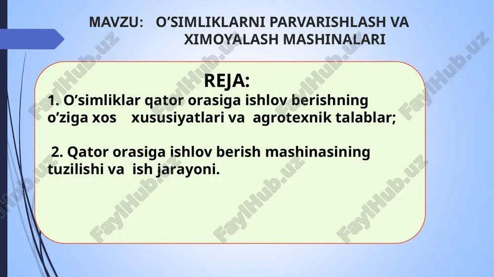 tuproqqa ko’mib ketishi lozim. 2. kultivatorning umumiy tuzilishi . krx-4 kultivatorini umumiy ko’rinishi: 1-kultivatorni oldingi qismi; 2-kultivatorni orqa qismi; 3-o’g’it solish qurilmasi; 4-ishchi qismlari kultivatorning tuzilishi: 1-oldingi rama; 2-keyingi rama; 3-tortqich; 4-ishchi qism; 5-gidrotsilindr; 6-o’g’it yashigi; 7- o’g’it o’tkazgich kultivatorning ishchi qismlari a- o’g’itlash soshnigi; b-yulduzcha; v- bir tomonlama kesuvchi pichok; g- o’qyoypanja; d-diskli pichok; ye-yumshatkich panja; kombinatsiyalashtirilgan o’g’it solgich; z- yumshatgichlar kultivator ishchi qismlarining o’rnatish o’lchamlari kultivator ishchi qismlarini o’rnatish o’lchamlari: 1-lappak (disk); 2-ulduzcha; 3-pichoq; 4-chuqur yumshatgich; 5-panja; 6-o’g’it solgich; 7-egat olgich g’o’za qator orasiga ishlov berishda kultivator ishchi qismlarini o’rnatish sxemalari a – yumshatuvchi ishchi qismlar b - kesuvchi ishchi qismlar g’o’za qator orasi 60 sm g’o’za qator orasi 90 sm * mevazor bog’lardagi daraxtlar qator orasiga ishlov berish mashinasi mevazor bog’lardagi daraxtlar qator orasiga ishlov berish hamda bir vaqtda o’g’itlash va begona o’tlarni yo’qotishda maxsus bog’ kultivatorlaridan foydalaniladi bog’ kultivatorining tuzilishi va ish jarayoni: 1-rama, 2-ishlov berish …
