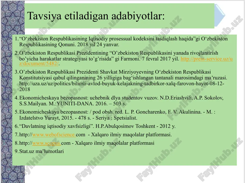 //press-service.uz/uz/document/5482/. o’zbekiston respublikasi prezidenti shavkat mirziyoyevning oʻzbekiston respublikasi konstitutsiyasi qabul qilinganining 26 yilligiga bagʻishlangan tantanali marosimdagi maʼruzasi. http://uza.uz/uz/politics/bilimli-avlod-buyuk-kelajakning-tadbirkor-xalq-farovon-hayot-08-12-2018 ekonomicheskaya bezopasnost: uchebnik dlya studentov vuzov. n.d.eriashvili, a.p. sokolov, s.s.mailyan. m.:yuniti-dana. 2016. – 503 s. ekonomicheskaya bezopasnost: / pod obsh. red. l. p. goncharenko, f. v. akulinina. - m. : izdatelstvo yurayt, 2015. - 478 s. - seriya : spetsialist. “davlatning iqtisodiy xavfsizligi”. h.p.abulqosimov toshkent - 2012 y. http://www.webofscience.com - xalqaro ilmiy maqolalar platformasi. http://www.scopus.com - xalqaro ilmiy maqolalar platformasi stat.uz ma’lumotlari reja: 1. korxona iqtisodiy xavfsizligini ta'minlashning maqsadi. 2. korxonada iqtisodiy xavfsizlikni ta'minlash va korxonaning tijorat sirini 3. korxonada xodimlar xavfsizligini ta'minlashning ustuvor yo'nalishlari. korxona (firma)ning iqtisodiy xavfsizligi – ma'muriyat va personal tomonidan amalga oshirilgan huquqiy, tashkiliy-iqtisodiy, moliyaviy, ijtimoiy-iqtisodiy va injener texnik tavsifdagi chora-tadbirlar tizimi tufayli vujudga keltirilgan hayotiy muhim iqtisodiy manfaatlarining ichki va tashqi xavf-xatarlardan himoyalanganlik holatidir. etot shablon mojno ispolzovat kak nachalniy fayl dlya predstavleniya uchebnix materialov gruppe slushateley. …