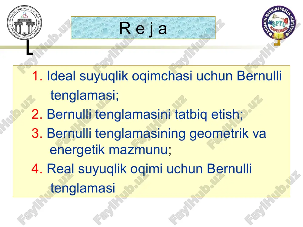 nglamasini tatbiq etish bernulli tenglamasi suyuqlikning tezligini, sarfini va idishlardan suyuqliklarning oqib chiqish vaqtini aniqlashda keng qo’llaniladi. 1). pito naychasi tezlikni aniqlashda ishlatiladi buning sababi shundaki, uchi egilgan shisha naylarda uning egilgan uchi suyuqlik harakati yo`nalishida bo`lib, gidrodinamik bosimga qo`shimcha suyuqlik tezligiga bog`liq bo`lgan bosim paydo bo`ladi. bunda suyuqlik zarrachalarining inersiya kuchi qo`shimcha bosimga sabab bo`ladi. uchi egilgan shisha naychalardagi balandlik quyidagilarga teng: h’a = pa/ + u2a/2g pito naychasi uchi egilgan shisha naycha bo’lib, ularda suyuqlik pyezometrlardagiga qaraganda balandroqqa ko`tariladi. 2. bernulli tenglamasini tatbiq etish pyezometrdagi suyuqlik balandligi bilan uchi egilgan shishalardagi balandlik farqi h’a – ha = u2a/2g, ga teng bo`ladi va tezlik balandligi deyiladi. bundan 2). venturi naychasi rasmdagi ikki kesim uchun bernulli tenglamasini yozib, mos o’zgartirishlar, guruhlashlarni bajargach, tezlik va sarf tenglamasi kelib chiqadi: bu yerda d0=d2 drossel asboblarining diametri quvur diametridan 3-4 marotaba kichik bo’ladi, shu sababli (d2/d1)4 nisbatlar miqdori ham juda kichik bo’lgani uchun …