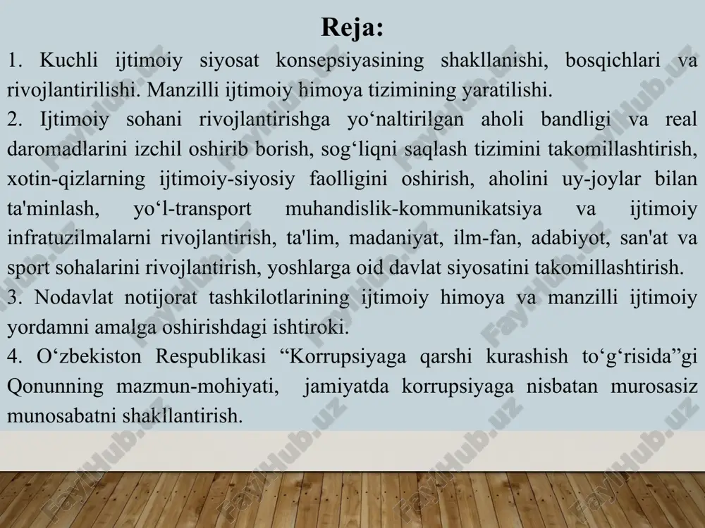 ng qo‘llanildi. 1991-1996-yillarda eng kam ish haqi va stependiyalardan soliq olinmaydigan bo‘ldi. korxonalarning o‘z xodimlariga ijtimoiy yordam ko‘rsatish sohasidagi harajatlaridan bir qismi budjet mablag‘lari hisobidan qoplanib turildi. keng iste’mol mollari va xizmatlarning ko‘pgina qismi bo‘yicha narxlardagi tafovutlarning o‘rni qoplandi. shu bilan birga qo‘shimcha ijtimoiy imtiyozlar ham joriy qilindi. masalan, boshlang‘ich sinf o‘quvchilari va yolg‘iz pensionerlar uchun bepul nonushtalar, 2 yoshgacha bo‘lgan bolalar uchun bepul ovqat, maktab o‘quvchilari va talabalar uchun ovqatning arzonlashtirilishi kabi imtiyozlar berildi. shuningdek, kupgina toifadagi fuqarolarga turarjoyi shaxsiy mulk qilib bepul berildi, ba’zi turdagi kommunal xizmatlar haqini to‘lashda yengilliklar joriy etildi va hokazo. o‘zbekistonda daromadlar nisbatini o‘zgartirish ish haqi, pensiyalar, stipendiyalarning, jamgarma banklaridagi aholi omonatlari stavkalarining eng oz miqdorlarini bir vaqtning o‘zida markazlashtirilgan tarzda qayta ko‘rib chiqish yo‘li bilan amalga oshirildi. 1995-yilda respublika davlat budjetining 29,3 foizi ijtimoiy-madaniy tadbirlarga, 21,8 foizi esa ijtimoiy himoyaga ajratildi. 1992-1998-yillar mobaynida ish haqi va pensiyalarning eng kam miqdori bir necha bor …