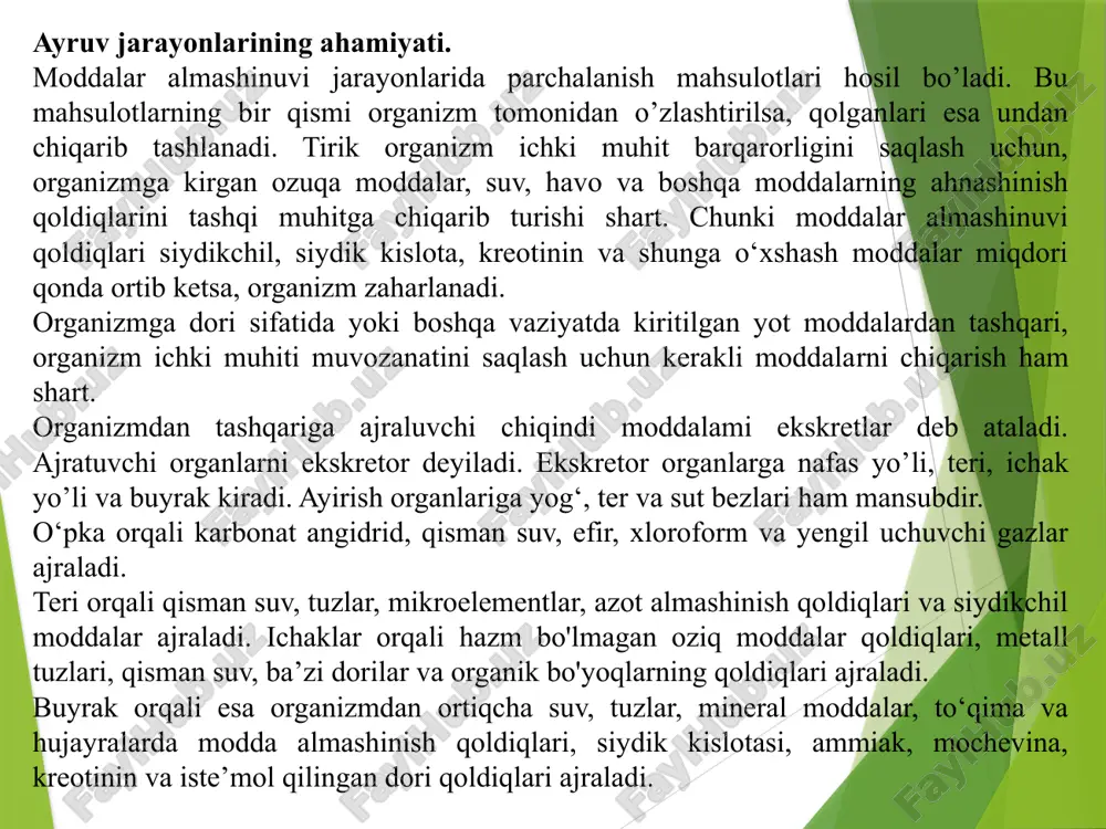 alar ajraladi. ichaklar orqali hazm bo'lmagan oziq moddalar qoldiqlari, metall tuzlari, qisman suv, ba’zi dorilar va organik bo'yoqlarning qoldiqlari ajraladi. buyrak orqali esa organizmdan ortiqcha suv, tuzlar, mineral moddalar, to‘qima va hujayralarda modda almashinish qoldiqlari, siydik kislotasi, ammiak, mochevina, kreotinin va iste’mol qilingan dori qoldiqlari ajraladi. buyraklar qonning ma’lum o’lchamdagi doimiy reaksiyasini ta’min etadi. qonda almashinuv mahsulotlarining kislotali yoki ishqorli mahsulotlari jamlanib qolsa, buyraklar orqali o’shalarga mos tuzlarning ortiqcha qismini chiqarib yuborilishini tezlashtiradi. qon reaksiyasining doimiyligini ta’minlashda buyraklar tomonidan sintezlanadigan ammiak kislotali moddalar tarkibidagi natriy va kaliyni o’rni almashtirishi ayiruv jarayonidagi buyraklarni rolini yanada oshirdi. bu paytda ammoniy tuzlari hosil bo’lib ular siydik tarkibida chiqarib yuboriladi, natriy va kaliylar organizm ehtiyojlari uchun saqlab qolinadi. buyrak faoliyati faqat qoldiq moddalarni tasliqariga chiqarib tashlashdan iborat emas, bundan tashqari bir necha hayotiy muhim vazifalarni bajarishda ham ishtirok etadi; - qon va boshqa ichki muhit suyuqliklarining hajm muvozanatini saqlashda; - bu suyuqliklarni osmotik muvozanatni …