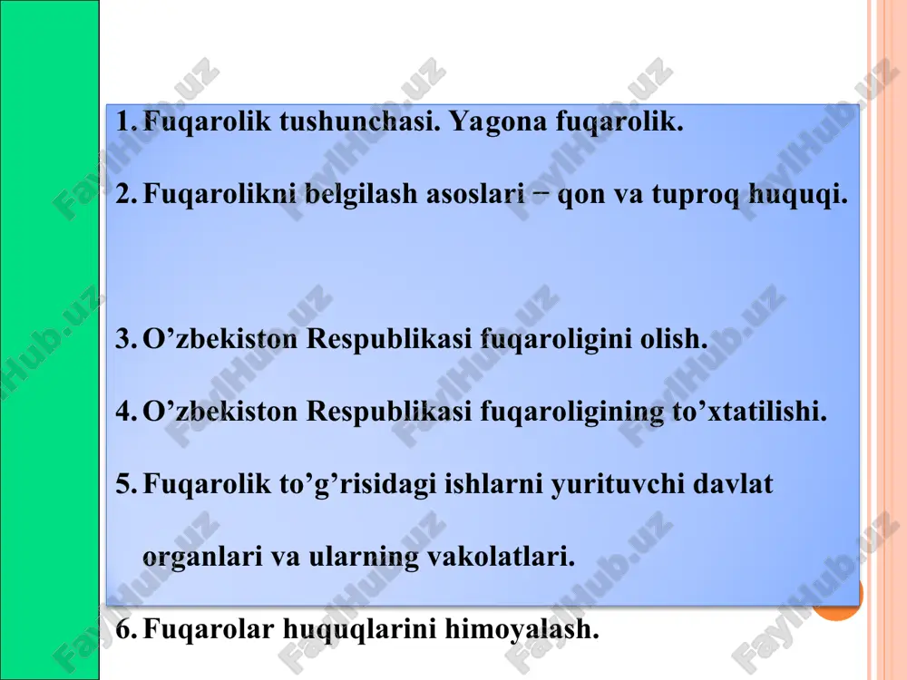 b) o'zbekiston hududida yashagan va 1992 yil 28 iyulga qadar o'qish uchun o'zbekistondan tashqariga chiqib ketgan hamda uzluksiz ravishda ta'lim olgan yoxud harbiy xizmatni o'tagan va o'qish yoki harbiy xizmat tugaganidan keyin bir yil ichida o'zbekistonga qaytib kelgan hamda o'zbekiston respublikasida doimiy propiskadan o'tgan shaxs, basharti uning chet davlat fuqaroligi mavjud bo'lmasa; v) ushbu qonun kuchga kirgan kunda o'zbekiston respublikasining fuqaroligiga ega bo'lgan shaxs; g) ushbu qonunga muvofiq o'zbekiston respublikasining fuqaroligini olgan shaxs. bolalarning fuqaroligi masalasi o'zbekiston respublikasining fuqaroligi o'zbekiston respublikasining xalqaro shartnomalarida va ushbu qonunda nazarda tutilgan boshqa asoslarga ko'ra ham olinishi mumkin. ota-onalarning fuqaroligi o'zgarib, ularning har ikkalasi o'zbekiston fuqaroligiga o'tganida ularning 14 yoshga to'lmagan bolalari ham o'zbekiston fuqaroligiga o'tadi. o'zbekistonda doimiy istiqomat joyiga ega bo'lgan fuqaroligi bo'lmagan shaxslarning o'zbekistonda tug'ilgan bolalari, agar ular o'zbekistonda tug'ilsa, o'zbekiston fuqarosi hisoblanadi. ota-onasi noma'lum bo'lgan, o'zbekiston respublikasida yashayotgan bola o'zbekiston fuqarosi hisoblanadi. o'zbekiston respublikasining fuqaroligiga qabul qilishning umumiy tartibi chet davlat …