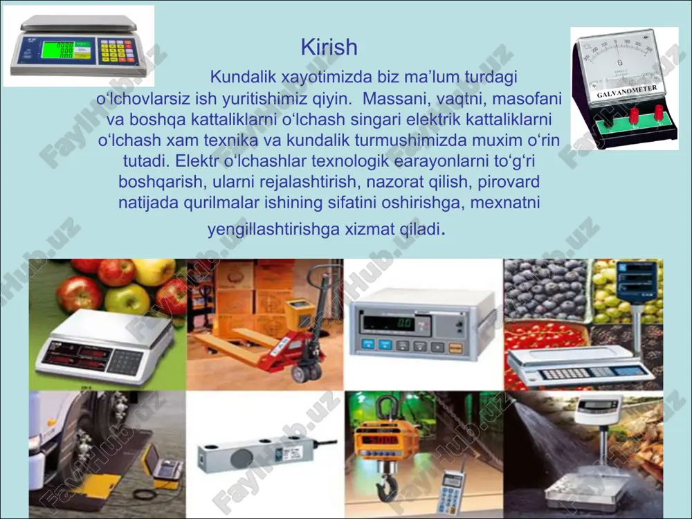 gan kattalik x bilan uning xaqiqiy qiymati x0 orasidagi absolyut farqqa aytiladi, x - x0 bu absolyut xatolikning o‘lchanayotgan kattalikka nisbati nisbiy xatolik deyiladi va foizlarda ifodalanadi. = x/ x0 o‘lchov qurilmalariga qo‘yiladigan talablar. 1. o‘lchash xatoliklarining kamligi. odatda elektr o‘lchov qurilmalari xatoligi bo‘yicha 8 ta aniqlik sinfiga ajratiladi, bular: 0,05; 0,1; 0,2; 0,5; 1,0; 1,5; 2,5; 4,0 % miqdorli aniqliklardir. 2. o‘lchov qurilmasidagi energiyaning isrofi juda kam bo‘lishi talab qilinadi. 3. o‘lchov asbobining tez ishlay olish qobiliyati. 4. izolyasiyalarning mustaxkamligi va elektr xavfsizlik talablari 5 magnitoelektrik sistemalar elektromagnitik sistemalar elektrodinamik sistemalar induksion sistemalar elektrostatik sistemalar ferrodinamik sistemalar magnitoelektrik sistema elektromagnitik sistema 1 - doimiy magnit, 2- qo‘zg‘aluvchan o‘zak, 3- strelka, 4 –spiralsimon prujina, 5 – posang (muvozanatlovchi) toshcha. 1 – qo‘zg‘almas g‘altak, 2- qo‘zg‘aluvchan o‘zak, 3- strelka, 4- spiralsimon prujina, 5- xavoli dempfer. dempfer- qurilmalarni ishlashi jarayogidagi tebranishlarni so‘ndirishga mo‘ljallangan moslama. magnitoelektrik o‘lchov qurilmalarining ishlashi v — vibrasiyaga asosolangan …