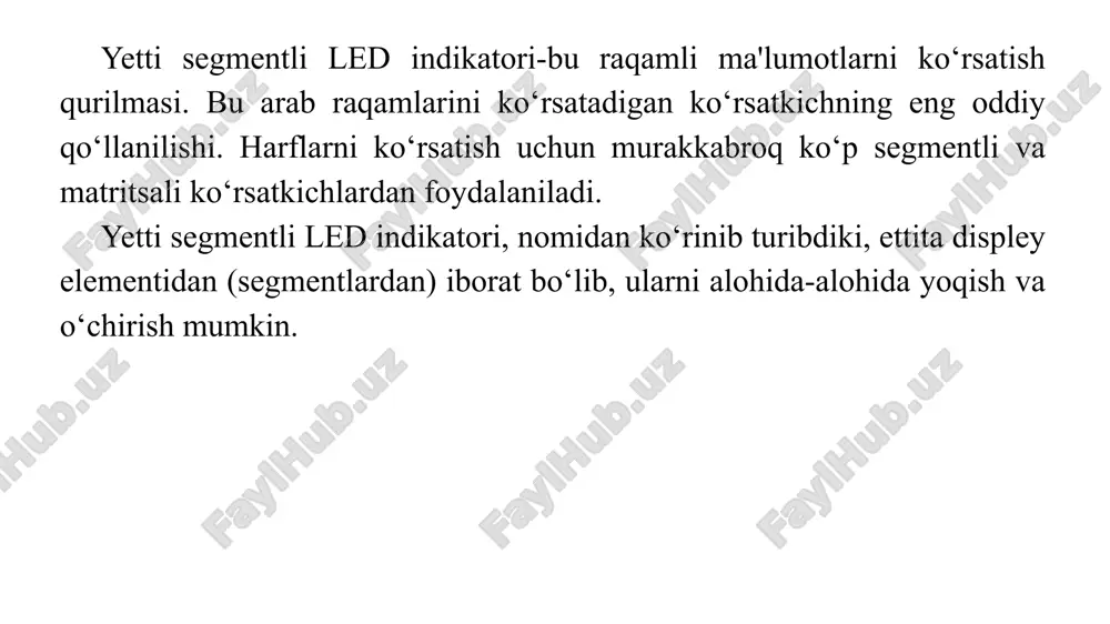 edni o‘z ichiga olgan kichik led ko‘rsatkich. panelda qarshilik yo‘q, shuning uchun ledlarni ulashda tashqi rezistorlardan foydalanish lozim. agar umumiy anodli yetti segmentli indikatorning pinouti tushunarsiz bo‘lsa, unda quvvatni turli pinlarga ulash orqali pinoutni empirik tarzda o‘rnatish mumkin. agar noto‘g‘ri yoqilsa, rezistorsiz ledlar yonib ketishi mumkin. modelni yig‘ish uchun quyidagi elementlar kerak: arduino uno / arduino nano / arduino mega platasi; bir xonali yetti segmentli indikator 5161as / hdsp 7503; yoqish tugmasi; rezistorlar 220 om; panel; papa-papa simlari. 5161as / hdsp 7503 modulini smenali registrsiz ishlatish va indikatordagi ledlarni yoqish uchun ko‘p sonli arduino uno pinlaridan foydalanish kerak bo‘ladi. birinchi misolda, paneldagi turli raqamlarni ko‘rsatish uchun ledlarni navbatma -navbat yoqiladi. modelning arduinoga ulanish sxemasi: oddiy led displeyda to‘qqizta chiziq bor: biri barcha segmentlarning katodlariga, ikkinchisi esa har bir segmentning anodiga o‘tadi. bu zanjir "umumiy katod zanjiri" deb nomlanadi, umumiy anodli zanjirlar ham bor (u holda buning aksi to‘g‘ri). ko‘pincha bazaning …