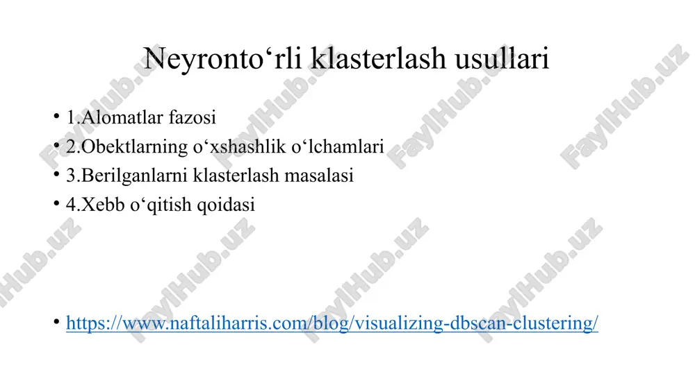 ish yoki interaktiv ko'p maqsadli optimallashtirishning iterativ jarayonidir. natija kerakli xususiyatlarga erishguncha ko'pincha ma'lumotlarni qayta ishlash va model parametrlarini o'zgartirish kerak bo'ladi. neyronto‘rli klasterlash usullari obektlarning o’xshashlik o’lchamlari: klasterdagi elementlar orasidagi eng qisqa masofa klasterdagi elementlar orasidagi eng uzoq masofa klasterdagi elementlar orasidagi o’rtacha masofa neyronto‘rli klasterlash usullari neyronto‘rli klasterlash usullari iearxik klasterlash: har bir elementni bitta klasterga birlashtiriladi. ya’ni n ta element bo’lsa n ta klaster bo’ladi. o’xshash klasterlarni birlashtiriladi yagona klaster xosil bo’lguncha davom etiladi. neyronto‘rli klasterlash usullari neyronto‘rli klasterlash usullari neyronto‘rli klasterlash usullari neyronto‘rli klasterlash usullari neyronto‘rli klasterlash usullari neyronto‘rli klasterlash usullari neyronto‘rli klasterlash usullari neyronto‘rli klasterlash usullari neyronto‘rli klasterlash usullari neyronto‘rli klasterlash usullari neyronto‘rli klasterlash usullari neyronto‘rli klasterlash usullari neyronto‘rli klasterlash usullari neyronto‘rli klasterlash usullari neyronto‘rli klasterlash usullari neyronto‘rli klasterlash usullari neyronto‘rli klasterlash usullari neyronto‘rli klasterlash usullari neyronto‘rli klasterlash usullari neyronto‘rli klasterlash usullari neyronto‘rli klasterlash usullari