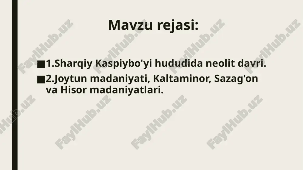 ni qo‘lga kiritganligini ko‘rsatdi. miloddan avvalgi vi ming yilliklar oxiri v ming yilliklar boshlari deb hisoblaydilar. xuddi shu davrda o‘rta osiyoning shimoliy va markaziy hududlarida ovchilik, baliqchilik va termachilik bilan shug’ullangan neolit davri jamoalari istiqomat qilganlar. bunday yodgorlik o‘tgan asrning 30–40 yillarida s.p.tolstov tomonidan amudaryoning quyi havzasida topildi va fanga kaltaminor madaniyati nomi bilan kiritildi. unga amudaryoning oqchadaryo o‘zanidan chiqqan qadimgi kaltaminor kanali etaklaridan topilgani uchun shu nom berilgan. kaltaminor madaniyati asosan o‘zbekiston xududida tarqalganligini sababli quyida shu haqda ko‘proq to‘xtalamiz. oqchadaryo havzasidan ko‘plab neolit davriga oid yodgorliklar topilgan bo‘lib, faqat 3-4 ta manzilgohning madaniy qatlami buzilmasdan saqlanib qolgan. bular jonbas-4, qavat-7, tolstov manzilgohi, tumek kichidjik manzilgohlaridir. kaltaminor madaniyatining 3 bosqichi aniqlandi – daryolisoy (mil.avv. vi–iv ming yilliklarga oid), jonbos (mil.avv. iv–iii ming yilliklarga oid) va saksovul (mil.avv. iii ming yillik oxiri –ii ming yillik boshlariga oid). hisor madaniyati tog’li mintaqalarda yashab, asosan hayvon ovchiligi bilan shug’ullagan qabilalar madaniyatidir. u …