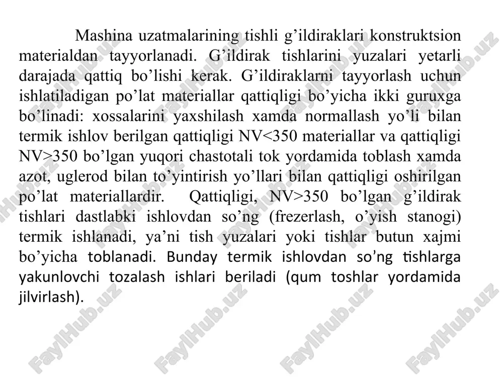 h jarayonida tishlardagi kuchlar va kuchlanishlar. yuqori darajali kinematik juftli tishlar ilashish vaqtida bo’g’inlar orasidagi o’zaro xarakatda bo’lgan kuchlar evolventa profilini umumiy normali bo’yicha yo’nalgan bo’lib, normal kuch deb yuritiladi- f (1-rasm). bu kuchni ta’sirida va tishlar orasidagi sirpanish xodisasi ro’y berishidan ishqalanish kuchi fishq xosil bo’ladi. normal f kuchni g’ildirak tishiga ta’sirini ko’rib chiqamiz. bu kuch ta’sirida tishlarda ikki xil kuchlanishlar paydo bo’ladi. ulardan tishlarning ishlash qobiliyatini belgilovchi asosiy kuchlanishlar, tish sirtida xosil bo’ladigan kontakt kuchlanish  bo’lib, tishlarning sirtini elastik ezilishga olib keladi. normal kuch esa, tishni egilishiga olib keladi va tish tubida  – eguvchi kuchlanish xosil bo’ladi. n epyuralari 1-rasmda ko’rsatilgan. eslatish lozimki, kontakt kuchlanishdagi indeks (belgi) n, kontakt kuchlanish nazariyasini yaratish asoschisi xisoblangan nemis olimi familiyasidan herz olingan. eguvchi kuchlanishdagi f belgisi eguvchi kuchni shartli belgisi bilan bog’liq. h va f belgilar kontakt va egilish bo’yicha mustaxkamlikka xisoblashda va xisobni aniqlashtiradigan ayrim koeffitsentlarga ta’luqli bo’lib, …