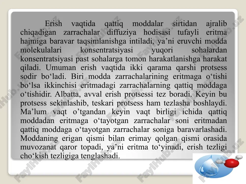 ; glitserin-2,43; etil spirti-2,85). shuning uchun suvning tungi vaqtlarda yoki yozdan qishki mavsumga o'tishda sekin sovushi; kunduzi yoki qishdan yozgi mavsumga o'tishda sekin isishi kuzatiladi. suv 0°c da muzlaydi (shu haroratda muz eriy boshlaydi), 100°c da qaynaydi va bug' holatiga o'tadi. suv ajoyib universal erituvchi modda bo'lib, o'zida juda ko'plab anorganik va organik moddalarni eritish xususiyatiga ega. suvning kimyoviy xossalari. suv molekulalari qizdirishga juda chidamli, lekin 1000°c dan yuqori haroratda suv bug'lari vodorod va kislorodga parchalana boshlaydi: 2h2o=2h2 + o2 qizdirilganda moddaning parchalanish jarayoni termik dissotsiatsiya deb ataladi. faol metallar suv bilan tasirlashib, uning tarkibidagi vodorodni ajratib chiqaradi: 2na + 2h2o = 2naoh + h2 suvning reaktsion qobiliyati ancha katta. ko'p metallar va metallmaslar oksidlari suv bilan tasirlashganda asos va kislotalar hosil bo'ladi: cao + h2o = ca(oh)2 so3 + h2o = h2so4 bazi tuzlar suv bilan kristallogidratlar deb ataluvchi birikmalar hosil qiladi: cuso4 + 5h2o = cuso4·5h2o qizdirilgan temir …