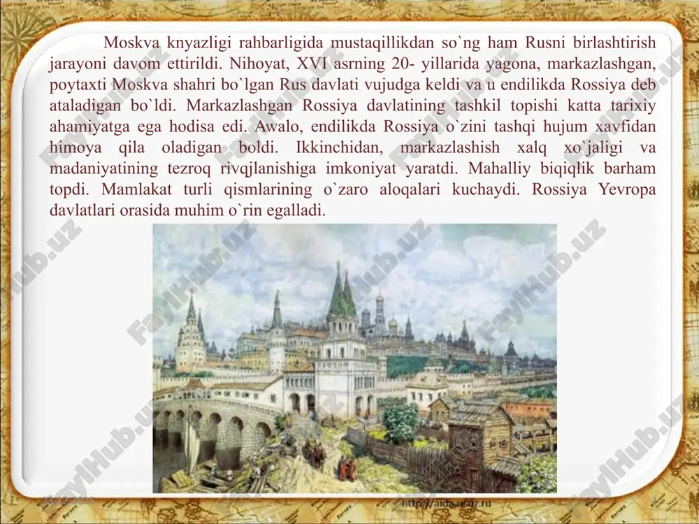 ram dehqonlardan (chernosot) ham saylangan vakillar qatnashadigan bo`ldi. shu tariqa rossiya tabaqaviy vakillik monarxiyasiga aylandi. 07.02.2021 3 07.02.2021 4 ivan iv zemstvo soborida boyarlar hokimiyatini keskin qoraladi. sobor yangi sudebnik tuzish haqida qaror qabul qildi. unga ko`ra, dvoryanlarning bundan buyon ayblari va nojo`ya qilmishlari uchun boyarnoiblar sudiga borishlari taqiqlandi. dvoryanlardan ming nafariga moskva uyezdidan yer-mulk ajratib beriladigan bo`ldi. davlat lavozimlarini kelib chiqishining zodagonligiga qarab egallash tartibiga chek qo`yildi. boyar-noiblarning o`zlari uchun aholidan yig`adigan soliqlari bekor qilindi. joylarda boyar-noiblar boshqaruvi o`rniga mahalliy o`zini-o`zi boshqarish organlari tuzildi. ularga dvoryanlar, posad va chernosotlar vakillari ham saylanishi huquqi berildi. podsho hokimiyati endilikda ana shu tabaqa vakillariga tayanadigan bo`ldi. 07.02.2021 5 oprichnina. 1565- yilda ivan iv davlat yerlaridan katta qismini alohida shaxsiy mulkka aylantirdi. bu mulk oprichnina deb ataldi. boyarlaming yerlari ham oprichninaga qo`shib yuborila boshlandi. oprichnina podsho yerlari deb atalib, ularga dvoryanlar joylashtirildi. oprichnina yerlari ularga bo`lib berildi. endi ular dvoryan oprichniklar deb atala …