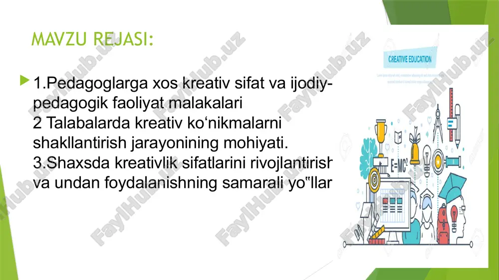 kreativlik intellektual qobiliyatlarning o’ziga xos turi. u shaxsning ijodiy muvaffaqiyati bilan bog’liq. kreativlikni intellektdan ajratib bo’lmaydi. uni diagnostika qilishning ishonchli usullarini ishlab chiqish bo’yicha ishlar olib borilmoqda. kasbiy faoliyatda pedagogning kreativligi turli shakllarda namoyon bo‘ladi. ular quyidagilardir: 1. me’yoriy hujjatlar (o‘quv fanlari bo‘yicha dts, o‘quv dasturi va rejalari)ni tayyorlash; 2. o‘quv manbalari (darslik, o‘quv-metodik va metodik qo‘llanma, tavsiyanoma, lug‘at, ensiklopediya, atlas, ish daftari va b.)ni yaratish ; 3. ta’lim jarayoni va ma’naviy-ma’rifiy ishlar loyihalarini tayyorlash; 4. o‘quv axborotlari, nazorat hamda sinov topshiriqlarini shakllantirish; 5. ta’lim jarayonini qiziqarli, jonli, jo‘shqin tashkil etish; 6. ilmiy-tadqiqotlarni muvaffaqiyatli olib borish; 7. ilmiy va metodik anjumanlarda faol ishtirok etish, chiqishlar qilish; 8. ilmiy, ilmiy-metodik va metodik ishlarni chop ettirish; 9. davriy hisobotlarni topshirish, attestatsiyadan o‘tish; ijodkorlik – muayyan yangilikning ahamiyati va foydali ekanligini belgilovchi shaxs faoliyati va uning natijasi; ijodkor shaxs – ijodiy jarayonni muvaffaqiyatli amalga oshira oladigan hamda aniq ijodiy natija (mahsulot)larga ega shaxs …