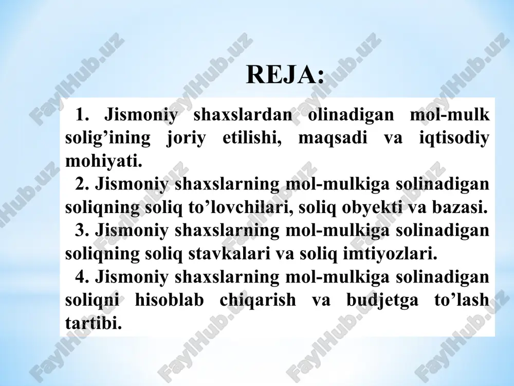 imoratlari; 2) tadbirkorlik faoliyati va daromad olish uchun mo’ljallangan yashash uchun mo’ljallanmagan ko’chmas mulk ob’ektlari; 5 o’zbekiston respublikasi hududida joylashgan quyidagi mol-mulk jismoniy shaxslardan olinadigan mol-mulk solig’ining soliq solish ob’ekti hisoblanadi. 3) qurilishi tugallanmagan yashash uchun mo’ljallanmagan ob’ektlar. qurilishi tugallanmagan yashash uchun mo’ljallanmagan ob’ektlarga ushbu ob’ektni qurishga doir loyiha-smeta hujjatlarida belgilangan normativ muddatda qurilishi tugallanmagan ob’ektlar, agar qurilishning normativ muddati belgilanmagan bo’lsa, ushbu ob’ektning qurilishiga vakolatli bo’lgan organning ruxsatnomasi olingan oydan e’tiboran yigirma to’rt oy ichida qurilishi tugallanmagan ob’ektlar kiradi; 4) ko’p kvartirali uylarga uzviy bog’liq bo’lgan avtomashina turar joylari, shuningdek boshqa imoratlar, binolar va inshootlar. 6 ko’chmas mulkka bo’lgan huquqlarni davlat ro’yxatidan o’tkazuvchi organ tomonidan belgilanadigan soliq solish ob’ektlarining kadastr qiymati soliq bazasi hisoblanadi. soliqni hisoblab chiqarish maqsadida soliq bazasi qirq ikki million so’mdan kam bo’lishi mumkin emas. jismoniy shaxslarning mol-mulkini baholash bo’yicha vakolatli organ tomonidan aniqlangan soliq solish ob’ektining bahosi mavjud bo’lmagan taqdirda, mol-mulkning shartli qiymati toshkent va …