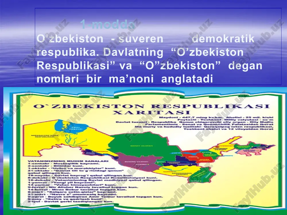 chlari bilan o’zaro bog’liqdirlar.fuqarolarning konstitutsiya va qonunlar mustahkamlab qo’yilgan huquq va erkinliklari dahlsizdir, ulardan sud qarorisiz mahrum etishga yoki ularni cheklab qo’yishga hech kim haqli emas. 20-modda fuqarolar o’z huquq va erkinliklarini amalga oshirishda boshqa shaxslarning davlat va jamiyatning qonuniy manfaatlari, huquqlari va erkinliklariga putur yetkazmasliklari shart. 22-modda o’zbekiston respublikasi o’z hududida ham, uning tashqarisida ham o’z fuqarolarini huquqiy himoya qilish va ularga homiylik ko’rsatishni kafolatlaydi. 24-modda yashash huquqi har bir insonning uzviy huquqidir. inson hayotiga suiqasd qilish eng o’g’ir jinoyatdir 36-modda har bir shaxs mulkdor bo’lishga haqli. bankka qo’yilgan omonatlar sir tutilishi va me’ros huquqi qonun bilan kafolatlanadi. 38-modda yollanib ishlayotgan barcha fuqarolar dam olish huquqiga egadirlar.ish vaqti va haq to’lanadigan mehnat ta’tilining muddati qonun bilan belgilanadi. 40-modda har bir inson malakali tibbiy xizmatdan foydalanish huquqiga ega 41-modda har kim bilim olish huquqiga ega.bepul umumiy ta’lim olish davlat tomonidan kafolatlanadi. maktab ishlari davlat nazoratidadir. hasanali slaydi 19 42-modda har …