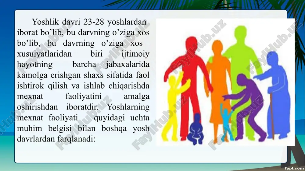 3, fiziklarda 24-27, biologlarda 25-31, psixologlarda 27-30, tarixchilarda 27-32, filologlarda 28-33 yoshlarni tashkil qilishni ko’rsatib o’tadi. yoshlarning ijtimoiy hayotda qatnashuvini o’rgangan v.shevchuk ijtimoiy faoliyatga kirishni eng yuqori cho’qqisi 25 yosh ekanini aniqlab, bu xol odamlarning 45,4% bo’lishini ma’lum qiladi. yetuklik davri kattalik rahnamolik, g’amxo’rlik, donishmandlik xomiylik etuklikning turli davrlarida kamol topish jabhalarining o’zaro munosabatini tadqiq qilgan b.g. anan’ev labaratoriyasida xodimlari 29-32 yoshlarda funktsional darajaning oshishi 46,2 barqarorlashuvi 15,8 funktsional darajaning pasayishi 38,,0, 33-35 yoshlarda 11,2, 33,3%, 55,5% tashkil qilishni aniqlashgan mazkur yosh davrning o’zgaruvchanligini insonning biologik,ijtimoiy va tarbiyaviy omillari (irsiy alomat, ijtimoiy muhit, uzluksiz tarbiyaviy ta’sir) belgilaydi. yu.n.kulyutkin bir xil davrdagi odamlarda har-xil jarayonlar, xolatlar, xossalar, xususiyatlarning o’sishi, o’zgarishi baravar emas, balki ularning birovdan oldin xotira, keyin tafakur, boshqa birovda aksincha, rivojlanishni, bir psixik jarayonning zaiflashuvi, ikkinchisini jadal sur’at bilan o’stirishini o’qtiradi. kamolotning birinchi bosqichidagi yetuk kishilarda ijtimoiy faoliyatida qatnashish istagi 30 yoshda 18,3%, 35 yoshda 6,2% ni tashkil etadi. …