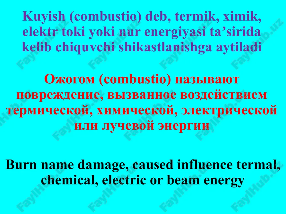 ya'ni pay, suyak, mushaklarini kuyishi (to'qimalarning ko’mirlanishi, nekrozi) i stepen - poverxnostniy epidermalniy ojog ii stepen - ojog verxnego sloya koji iiia stepen - soprovojdaetsya chastichnim nekrozom koji (do verxushki sosochkovogo sloya) iiib stepen - ojog rasprostranyaetsya na vsyu tolshu koji, a neredko i na podkojnuyu kletchatku iv stepen - porajeni takje glubjelejashie tkani, t.e. suxojiliya, kosti, mishtsi (obuglivanie i nekroz tkaney) i degree - surrface epidermal burn ii degree - a burn upper layer skins iiia d.- is accompanied the partial necrosis of the skin (before top papillar layer) iiib degree - a burn spreads on the whole thick mass of the skin, but quite often and on subdermal cellulose iv degree - smitten also deeper liing tissues that is to say the tendons, bones, muscles (is befitted coal and the necrosis tissues) klinik jixatdan i, ii va iiia darajadagi kuyishlar yuza kuyish deb baxolanadi, iiib va iv darajali …