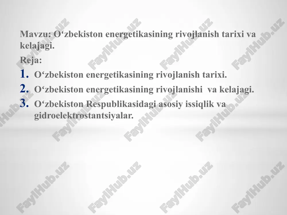 ergiyasi ishlab chiqarish umumiy quvvati 9,5 gvt ga yaqin boʻlgan (sirdaryo, navoiy, tolimarjon, taxiatosh, toʻraqoʻrgʻon issiqlik elektr stantsiyalari va boshqalarda) zamonaviy elektr stantsiyalarini qurish; 3. umumiy quvvati 3,2 gvt ga yaqin boʻlgan gaz-porshenli qurilmalar, aviatsiya gaz turubinalari va zamonaviy elketr energiya zaxiralash tizimlari asosida (sirdaryo,toshkent ies, muborak iem va x.k.) manyovrli ishlab chiqarish quvvatlarini qurish; 4.umumiy quvvati 8400 mvt dan ziyod boʻlgan qayta tiklanadigan energiya manbalari asosida ishlaydigan quyosh, shamol va gidroelekrstantsiyalarni qurish va ularning jami elektr energiyasini ishlab chiqarishdagi ulushini 25 % ga yetkazish; 5. 2400 mvt quvvatga ega boʻlgan atom elektr stantsiyasini qurish kiritilgan.. issiqlik elektr stantsiyalari: kondensatsion elektr stantsiyalari. kes-lar odatda yoqilgʻi qazib olinadigan va suv tahminoti yaxshi boʻlgan joylarga quriladi 1-yoqilgʻi ombori va yoqilgʻi uzatish sistemasi; 2-yoqilgʻi tayyorlash sistemasi; 3- bugʻ generatori; 4-turbina; 5-kondensator; 6-sirkulyatsion nasos; 7-kondensat nasosi; 8-tahminlovchi nasos; 9-bugʻ generatorining oʻtxonasi; 10-parrak; 11- tutun; 12-havo isitgich; 13-suv ekonomayzeri; 14-past bosimli suv isitgich; 15- deaerator; …