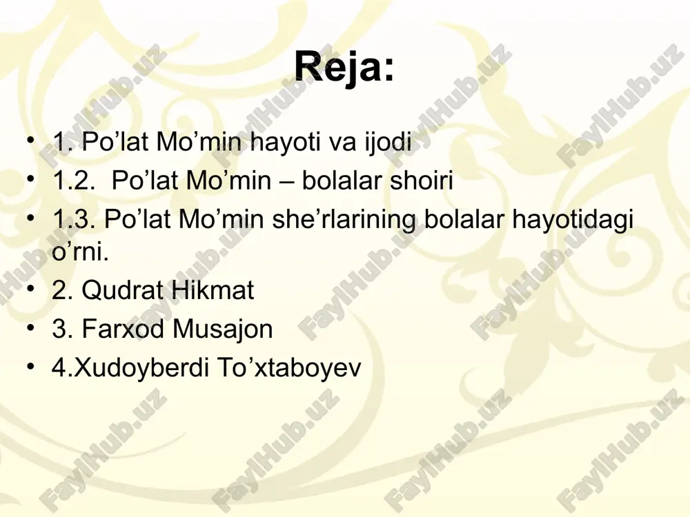 88), kabi qator to`plamlari uning o`ziga xos ovozga ega talantli shoir ekanligidan dalolat beradi. qudrat hikmat (1925-1968) qudrat hikmat 1925-yilda toshkent shahrida kambag’al dehqon oilasida tug’ilgan. bo`lajak shoir quddus muhammadiy rahbarlik qilgan adabiyot to`garagida faol ishtirok etadi. bu to`garak uning she’riyat sirlarini egallashida katta rol’ o`ynaydi. q.hikmatning ijodiy o`sishida oybek, abdulla qahhor, uyg’un, mirtemir, quddus muhammadiylarning murabbiylik roli katta bo`ldi. q.hikmat bolalar uchun 1945-yildan boshlab she’rlar yoza boshlaydi. uning dastlabki she’rlari bolalar va yoshlar gazetalarida hamda jurnallarida bosila boshlaydi. q.hikmat bir qancha vaqt chirchiq shahar gazetasida ishlaydi. shu bilan birga mehnatdan ajralmagan holda hozirgi toshkent davlat pedagogika unversitetida o`qiydi. 1957- yildan umrining oxirigacha turli nashriyotlarda redaktor, bo`lim boshliqi ifatida yosh avlodga kitoblar chop etishda fidoyilik qiladi. qudrat hikmatning “mening vatanim” (1950), “baxtli bolalar” (1951-1952), “obodlik” (1953), “do`stlik” (1950), “rodnoy uzbekistan” (1955) kabi qator to`plamlari nashr etildi. keyinchalik “ilon shoh va uning amaldori ari haqida ertak” (1963), “soatjonning soati” (1964), “toshbaqalar …