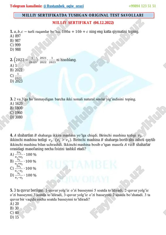 l test savollari 12. 𝑎 𝑏 = 4, 𝑏 𝑐 = 10 bo’lsa, 𝑎2+𝑏2+𝑐2 𝑎𝑐 + 𝑎 𝑐 ni hisoblang. a) 81 21 40 b) 82 21 40 c) 80 21 40 d) 81 21 34 13. 2𝑐𝑜𝑠𝛼+𝑐𝑜𝑠3𝛼+𝑐𝑜𝑠5𝛼 𝑐𝑜𝑠3𝛼+𝑠𝑖𝑛𝛼∙𝑠𝑖𝑛2𝛼 ni soddalashtiring. a) 𝑐𝑜𝑠2𝛼 b) 4𝑐𝑜𝑠2𝛼 c) 4𝑠𝑖𝑛2𝛼 d) 𝑐𝑜𝑠𝛼 14. 3 ∙ 4𝑥 + 2 ∙ 25𝑥 = 5 ∙ 10𝑥 tenglama nechta haqiqiy ildizga ega? a) haqiyqiy ildizga ega emas b) 1 ta c) 2 ta d) cheksiz ko’p yechimga ega 15. toq funksiyani toping. a) 𝑓(𝑥) = 𝑠𝑖𝑛𝑥+𝑥3 𝑐𝑜𝑠𝑥−1 b) 𝑓(𝑥) = 𝑐𝑜𝑠𝑥+𝑥3 𝑠𝑖𝑛𝑥−1 c) 𝑓(𝑥) = 𝑡𝑔𝑥+𝑥3 𝑠𝑖𝑛𝑥−1 d) 𝑓(𝑥) = 𝑐𝑡𝑔𝑥+𝑥2 𝑐𝑜𝑠𝑥−1 16. 𝑥2 + 4𝑥 + 1 = 2√𝑥2 + 4𝑥 + 4 tenglamaning haqiqiy ildizlar yig’indisini toping. a) -4 b) 4 c) -2 d) -6 17. ||2𝑥 − 1| − 7| ≤ 5 tengsizlikni qanoatlantiradigan butun yechimlari nechta? a) 20 ta b) 12 ta …