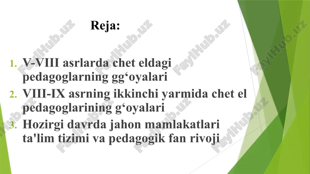 ra bilish. beshinchi qoida – samimiyat, pok niyat, hur fikir, saxiylik va vijdonililik. jon lokning pedagogika qarashlari jon lokk insonda tug‘ma g‘oyalar yo‘q deb hisoblagan. u "bo‘sh varaq" bo‘lib tug‘iladi va o‘z his-tuyg‘ulari orqali atrofdagi dunyoni ichki tajriba - aks ettirish orqali idrok etishga tayyor deb xisoblaydi. "odamlarning o‘ndan to‘qqiz qismi faqat ta'lim orqali bo‘ladi." tarbiyaning eng muhim vazifalari: xarakterni rivojlantirish, irodani rivojlantirish, axloqiy intizom. ta'limning maqsadi - o‘z ishini oqilona va ehtiyotkorlik bilan olib borishni biladigan jentelmenni, tadbirkor, ishbilarmon shaxsni tarbiyalashdir. lokk ta'limning yakuniy maqsadini sog‘lom tanada sog‘lom ongni ta'minlashda ko‘rgan yan amos kameniskiy chexoslovakiyalik gumanist-pedagog yan amos komenskiy didaktik ta'limotning poydevorini qurgan u o‘zining qariyb 80 yillik umri davomida pedagogika, ta'limtarbiya, falsafa, ilohiyotga oid 250 dan ortiq asarlar, darsliklar yaratdi. bulardan yiriklari: «tillar va hamma fanlarning ochiq eshigi» «buyuk didaktika», «onalar maktabi» , «pansofiya (o‘qituvchilar) maktabi» , «yaxshi tashkil etilgan maktab konunlari», «hislar vositasi bilan idrok qilinadigan narsalarning …
