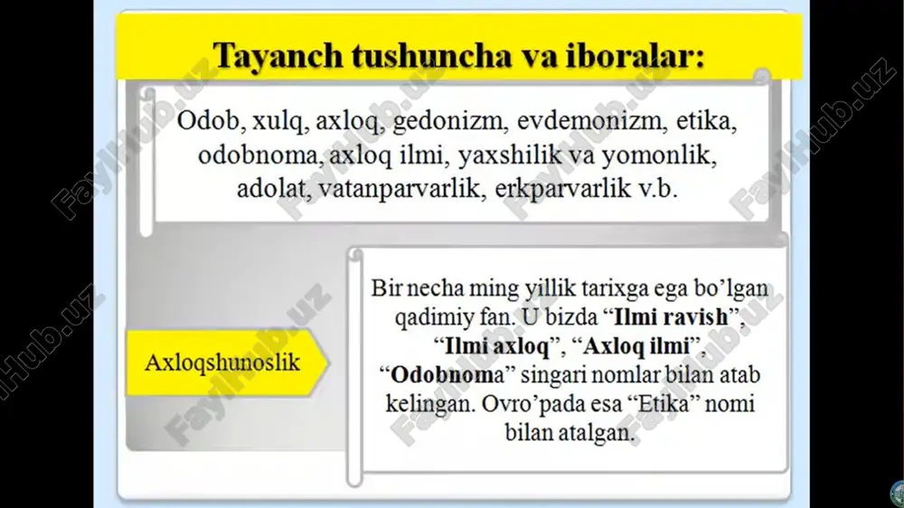 olat. uning ezgulik va yovuzlik hamda yaxshilik va yomonlikdan asosiy farqi shundaki, adolatning o’zi biror–bir qadriyatni anglatmaydi, lekin qadriyatlar orasidagi nisbatni belgilaydi, ularni baholash maqomiga ega. ziyolilik ziyolilik tamoyili hozir biz anglaydigan tushuncha ma’nosida nisbatan uzoq tarixga ega emas. u jadidchilik harakati bilan birga yuzaga keldi desak, xato qilmagan bo’lamiz. mehnatsevarlik mehnatsevarlik tamoyili mehnat jarayonida shaxsning o’z–o’zini namoyish etishiga, o’zligini ro’yobga chiqarishiga, o’zgalar bilan munosabatlar o’rnatishiga imkon yaratuvchi axloqiy fazilatdir. u insondan halollikni, intizomni, ishtiyoq va intilishni talab etadi, mehnatga nisbatan sub’ektiv tarzdagi ijobiy munosabatni taqozo qiladi. rostgo’ylik rostgo’ylik yoki to’g’ri so’zlilik insonning haqiqatga intilishi bilan bog’liq, haqiqat esa doimo sinfiylik–tabaqaviylik, partiyaviylik–mafkuraviylik va tarixiylik–davriylikdan yuqori turadi. haqiqatning ifodaviy shakllaridan biri rostgo’ylikdir. xushfe’llilik, shirinsuxanlilik, kamtarinlik, bosiqlik xushfe’llilik, shirinsuxanlilik qay darajadadir ko’proq ixtiyor bilan, kishining ma’lum bir insoniy tabiatga intilishi bilan bog’liq bo’lsa, bosiqlik, kamtarinlik, kamsuqumlik aksincha, ko’proq iroda kuchi natijasida yuzaga keladi. zotan insonning o’z g’azabini bosa bilishi, noroziligini barvaqt bildirmasligi; …