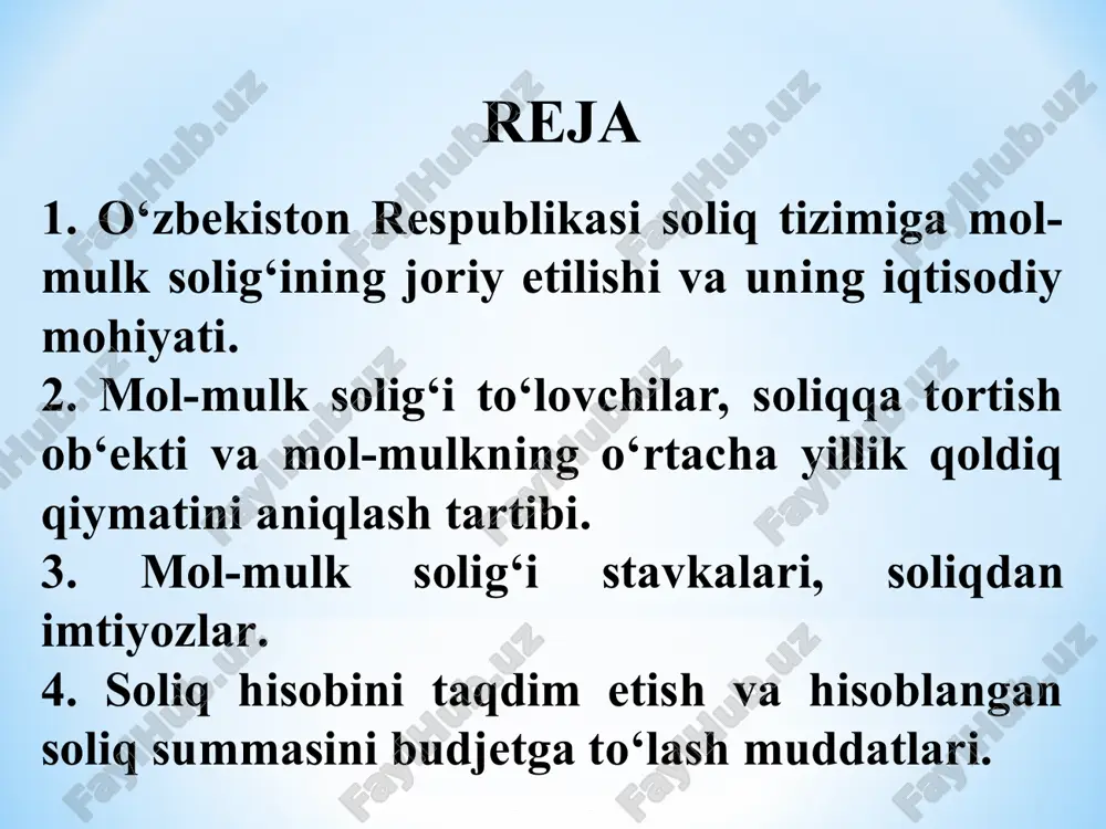 hmas mulkka ega boʻlgan oʻzbekiston respublikasining norezidentlari boʻlgan yuridik shaxslar. * 2018 yil 1 yanvardan boshlab yuridik shaxslardan olinadigan mol-mulk solig’ining soliq solish ob’ektidan ko’char mulklar (mashinalar va uskunalar, transport va boshqa asosiy vositalar va h.k.)ni chiqarib tashlandi. yuridik shaxslarning mol-mulk solig’i ob’ekti qilib faqatgina ko’chmas mulk ob’ektlari belgilandi. ko’chmas mulk yuridik shaxslarning mol-mulkiga solinadigan soliq soliq solish ob’ekti hisoblanadi. ko’chmas mulk jumlasiga quyidagilar kiradi: 1) ko’chmas mulkka bo’lgan huquqlarni davlat ro’yxatidan o’tkazuvchi organlarda ro’yxatdan o’tkazilishi lozim bo’lgan binolar va inshootlar; 2) qurilishi tugallanmagan ob’ektlar. qurilishi tugallanmagan ob’ektlarga qurilish ob’ektiga doir loyiha-smeta hujjatlarida belgilangan normativ muddatda qurilishi tugallanmagan ob’ektlar, agar qurilishning normativ muddati belgilanmagan bo’lsa, ushbu ob’ektning qurilishiga vakolatli bo’lgan organning ruxsatnomasi olingan oydan e’tiboran yigirma to’rt oy ichida qurilishi tugallanmagan ob’ektlar kiradi; 3) temir yo’llar, magistral quvurlar, aloqa va elektr uzatish liniyalari, shuningdek mazkur ob’ektlarning ajralmas texnologik qismi bo’lgan inshootlar; 4) qurilish tashkilotlari yoki imoratlarni quruvchilar balansida keyinchalik sotish …