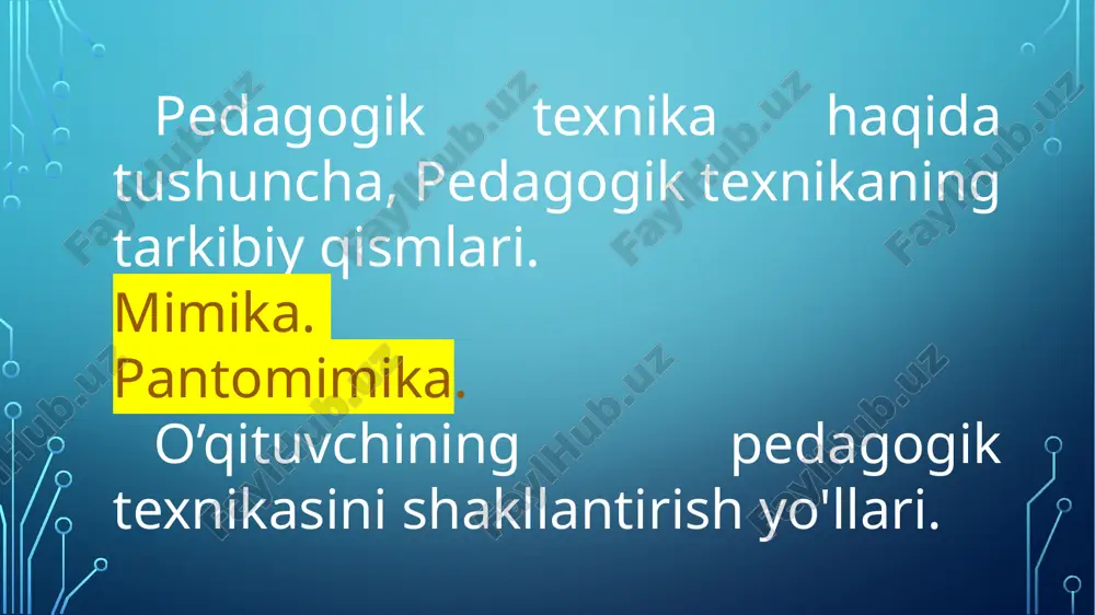 a mosligi, fikrlarini aniq va to'liq bayon qilib qo'lini, boshini turli harakatlarda ifodalash o'qituvchining o'z bilimiga, kuchiga ishonchini bildiradi. shuning uchun o'qituvchining o'quvchilar oldida o'zini tuta bi­lish holatini tarbiyalashi lozim. (oyoqlari 12-15 sm. kenglikda, bir oyoq sal oldinga surilgan holda turish). o'qituvchining yurishi, qo’l va oyoq orqali imo-ishoralari ortiqcha harakatlardan holi bo'lishi kerak. masalan: auditoriyada orqaga oldinga tez-tez yurish, qo’llari bilan turli imo-ishoralar qilish, boshini har tomonga tashlash va hokazo. bunday holatlar dars davomida o'quvchilarning e'tiborini bo’lib, g'ashini keltiradi va o'rganilayotgan fanga, o'qituvchiga nisbatan hunnatsizlik kayfiyatini uyg'otadi. nutq haqida tushuncha. nutqning o'qituvchi faolivatidagi o‘rni. nutq madaniyati haqida tushuncha va uning asosiy elementlari. nutq texnikasi. nafas olish, tovush, diksiya, ritorinika-leksik madaniyat. o‘qituv chining nutq malakasini shakllantirish yo‘llari. sharqona muloqotga kirishda mimika va pantomimikalarning ahamiyati hamda o`ziga xosligi. o`qituvchi faoliyatida sharqona muloqotning tutgan o`rni o'qituvchining chehrasidagi ifoda, nutqi, o'quvchilar bilan o'zaro munosabati uning individual xarakteriga mos bo'lishi kerak. o'qituvchi chehra ko'rinishidagi mimik …