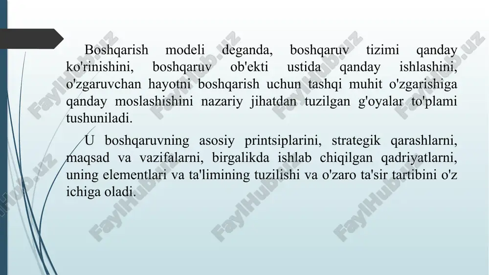 rning birbiriga ishonchi; - firmani rivojlantirish umumiy maqsadiga qo’shma hissa qo’shish muhimligini tushunish. amerika amerika menejmenti qat'iy boshqaruv tashkiloti bilan tavsiflanadi. u eng ko'p boshqaruv munosabatlarini rasmiylashtirish istagi bilan ajralib turadi. xodimning shaxsiy javobgarligi tushunchasi amerika menejmentiga juda xosdir. muayyan menejer ishining samaradorligi uning oldiga qo'yilgan maqsadlarga shaxsan erisha olganligi asosida belgilanadi. amerika menejment maktabining funktsiyalari: 1) rejalashtirish (shu jumladan missiya, maqsadlar va bashorat qilish); 2) tashkilot (shu jumladan kuchdan foydalanish, nizolarni hal qilish tartibi); 3) jarayonlarni bog'lash (shu jumladan aloqa va qaror qabul qilish usullari); 4) tashkilot samaradorligini ta'minlash (shu jumladan, inson resurslarini boshqarish, operatsion ishlab chiqarish tizimlarining ishlashi). amerika menejmentiga quyidagi xususiyatlar xos: - firma xodimlari o’z kompaniyasiga sodiklik fazilatiga ega bo’lmay, undan yaxshiroq va foydaliroq ish topilgan zahoti uni tark etishga tayyor; - qarorni bir rahbar qabul qiladi, unga bo’ysunuvchilar esa ishlab chiqarish, sotish harajatlarini va mumkin bo’lgan foydani tahlil qilish asosida qaror chiqarishga yordam beradilar; - …