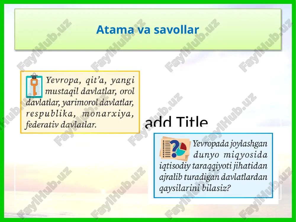 araning boshqa variantlari: a - j - yevropa va osiyo o'rtasidagi chegaraning turli xil zamonaviy ko'rinishlari. yevropaning hozirgi siyosiy xaritasida (45-rasm), ikki qit’ada joylashgan rossiya federatsiyasini qo‘shganda, 44 ta mustaqil davlat mavjud. yevropa kichik mamlakatlar qit’asidir. qit’ada andorra, san marino, malta, monako, vatikan, lixtenshteyn singari “mitti” mamlakatlar joylashgan. monako vatikan mazkur davlatlardan tashqari, yevropadagi yana 12 ta davlatning maydoni 50 ming km2 dan kichikroqdir. 1.albaniya 2.belgiya 3. daniya 4. estoniya 5. lyuksemburg 6. moldova 7. niderlandiya 8. slovakiya 9. sloveniya 10. shimoliy makedoniya 11. shveytsariya 12. chernogoriya 8 9 6 4 1 7 2 3 10 11 12 qit’adagi 10 ta mamlakat hududi 50 mingdan 100 ming km2 gacha boradi. 1. avstriya 2. bosniya va gertsegovina 3. irlandiya 4. latviya 5. litva 6. portugaliya 7. serbiya 8. vengriya 9. xorvatiya 10. chexiya 1 5 4 2 3 6 9 7 8 10 12 ta davlatning maydoni 100 mingdan 500 ming …
