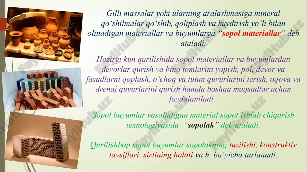 li qurilish buyumlari xamda me’morchilik qismlari tayyorlanadi. gilning texnologik xossalarini yaxshilash uchun, shuningdek, tayyorlangan buyumlar ma’lum fizik-mexanik xossalarga ega bo‘lishi uchun tarkibiga yog‘sizlantiruvchi, kuyib ketadigan va plastiklovchi qo‘shilmalar qo‘shiladi. gil tarkibida dala shpati (granit, sienit, gneys va x.) bo‘lgan ba’zi magmatik va metamorfik tog‘ jinslarining mexanik emirilishi va kimyoviy parchalanish mahsuloti hisoblanadi. dala shpatining parchalanishi natijasida kaolinit minerali al2o32sio22h2o hosil bo‘lgan. plastiklik deb, gil qorishmasining tashqi kuchlar ta’siri ostida darzlar hosil qilmasdan kerakli shaklga kirishi va kuch olingandan keyin shu shaklini saqlab qolishiga aytiladi. gil tarkibida gil zarrachalarining miqdori ortgan sari uning plastikligi ortadi. gilning bog‘lanish xususiyati shu bilan ifodalanadiki, gil plastik bo‘lmagan materiallarning zarrachalarini bog‘lashi (qum, shamot va boshqalar) va quriganida etarli darajada mustahkam xom ashyo hosil qilishi mumkin. gillarning havoda kichrayishi 1100s da quritish jarayonida endigina qoliplangan namunaning chiziqli o‘lchamlarida foiz hisobida ifodalanadi. yuqori plastik gillarning havoda chiziqli kichrayishi 10 % dan ortiq, o‘rtacha plastiklikdagi gilniki 6-10% va …