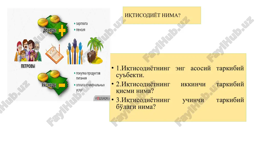 m. muammoli vaziyat sizning institutda o'qishingiz uchun: a) ota-onangiz b) davlat taxminan qancha mablag' sarflayotgani hisoblab chiqing? instutda o'qishingizdan: a) shaxsan sizga; b) jamiyatga qanday naf borligini aniqlang va yuqoridagi chiqimlar bilan bilan taqqoslang. siz bu chiqimlarni oqlayapsizmi. siz quyidagilarga nima deysiz? iqtisodiy mavzulardagi suhbat, bahs-munozara, hamda treninglar, ishlab chiqarish ilg'orlari bilan uchrashuvlar, ishlab chiqarish korxonalariga uyushtiriluvchi ekskursiyalar, tadbirkorlik yoki muayyan kasbiy faoliyatni tashkil etish ko'nikmalarini shakllantiruvchi ishchanlik o'yinlari, o'quvchilarning ishlab chiqarish borasidagi ijodiy qobiliyatlarini namoyish etishga imkon beruvchi ko'rik-tanlovlar, ularning iqtisodiy tafakkurini o'stiruvchi iqtisodiy yo'nalishdagi konferentsiya, seminar va munozaralarni tashkil etish iqtisodiy tarbiya samaradorligini ta'minlaydi. siz boshlang'ich sinfda qanday tadbirlar tashkil qilishingiz mumkin? eslab qoling “isrof” so'zi asli arabcha bo'lib, “hisobsiz tarzda ishlatish”, “haddidan oshish” kabi ma'nolarni anglatadi. isrofga yo'l qo'ygan odam alloh belgilab bergan chegaradan chiqib, u zotning ne'matlarini o'rniga sarflamagan yoki hojatdan tashqari ishlatgan bo'ladi. tilimizda ushbu so'z “nest-nobud qilish”, uvol qilish”, “ne'matni qadrlamaslik” kabi ma'nolarni anglatadi. …