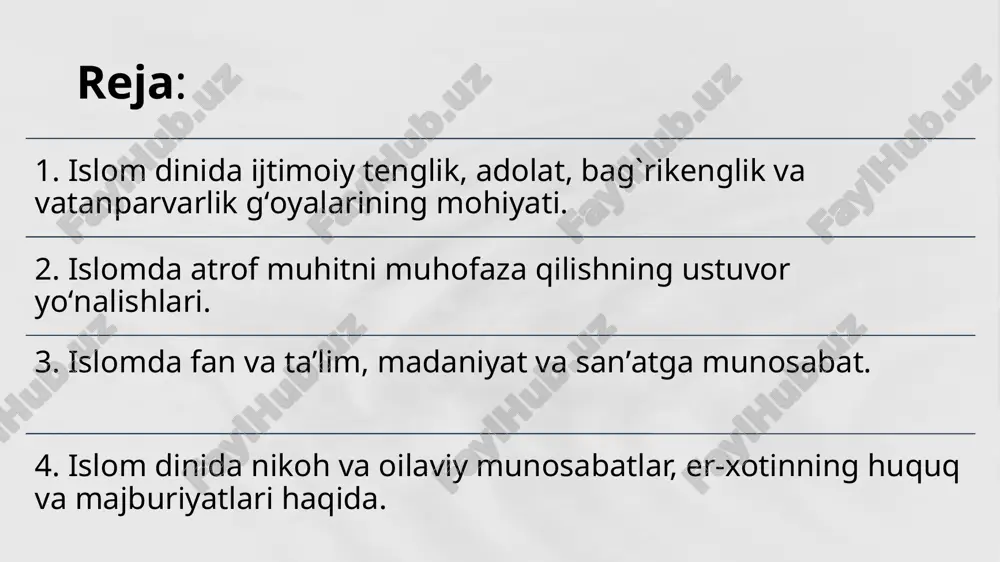 s imom al-buxoriyning “al-adab al-mufrad” asarida ham uchraydi. islom adabiyotida ham tenglik va bag‘rikenglik tamoyillari keng targ‘ib etilgan. masalan, imom al buxoriyning “al-adab al-mufradot” asarida barcha insonlarning o‘zaro hamjihatlikda yashashligi haqida yozilgan. jumladan, abu hurayra (r.a.) rivoyat qiladi, muhammad (a.s.): “bir-biringizga hasad va adovat qilmang, dunyo ishlarida sendan men o‘taman, deb janjallashmang, bir-biringizga teskari bo‘lmang. hammangiz aka-uka bo‘linglar” dedilar. bundan ko‘rinib turibdiki, jamiki insonlar bir-birini hurmat qilishi, qo‘llab-quvvatlashi va o‘zaro nizolarga bormasliklari lozim. islomda vatanparvarlik vatanga muhabbat avvalo insonnig o‘z oilasi, uyi, mahallasi hamda tug‘ilib o‘sgan yurtiga mehr-muhabbatidir. vatanga muhabbat yuksak insoniy, yaxshi fazilatlardan hisoblanadi. bu haqda “vatanni sevmoq iymondandir” deyilgan hikmatni esga olish kifoya. darhaqiqat islom dini insonparvar, vatanparvar, millatparvar din. u barcha insoniy tuyg‘u va qadriyatlarni ulug‘laydi va insonlarni shunga o‘rgatadi. “vatan” atamasi aslida arabcha so‘z bo‘lib, ona yurt ma’nosini anglatadi. ibn xaldun “vatan- bu insonning tug‘ilib o‘sgan yeri, uning go‘daklik chog‘idanoq mehr qo‘ygan o‘chog‘idir”,- deb ta’rif bergan. …