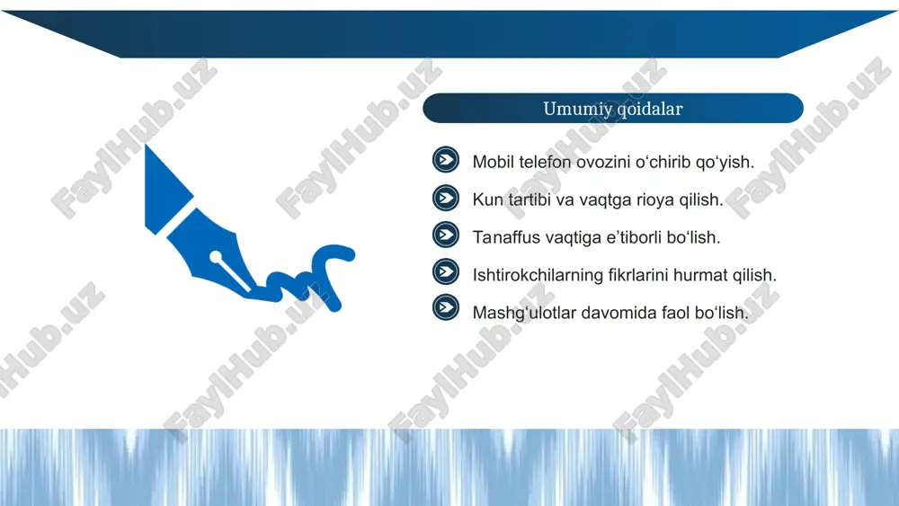 ay bartaraf etdik? o‘quvchilar yaxshi ko‘radigan narsalarning ehtimoliy ro‘xati t taqdim etildi o‘quvchilar uchun tanlov imkoniyatlari yaratildi chap qo‘l bilan yozadiganlar uchun mo‘ljallangan partalar va boshqa ish joylari qo‘shildi; “do‘ppi” nima ekanini bilmaydiganlar uchun bilim olish usullari kiritildi metaforalar yaratishning bir nechta usullari o‘qitiladi kirish so‘zlar, birikmalar va gaplar taqdim etildi * har bir o‘quvchiga dars mazmuni yetib borishi uchun turli va qulay usullardan foydalanish kerak * insoniy xilma-xillikni inobatga olib rejalashtirish dars “o‘rtacha” o‘quvchi uchun rejalashtirilsa, qolgan barcha o‘quvchilar qolib ketadi feruza miyaning asosiy uchta tarmog‘i jalb etish tarmog‘i taqdim etish tarmog‘i faoliyat va ifoda etish tarmog‘i miyaning “nima uchun” o‘rganaman degan savolga javob beradigan tizimi miyaning “nimani” o‘rganaman degan savolga javob beradigan tizimi miyaning “qanday qilib” o‘rganaman degan savolga javob beradigan tizimi ko‘p sonli o‘zaro jalb etish vositalari: o‘rganish uchun ishtiyoq (motivatsiya), o‘quvchilarning o‘rganishda ishtirok etishi va qiyinchiliklarni boshdan kechirishi ko‘p sonli tasvir vositalari: ko‘rish, eshitish, o‘qish, usullarni …