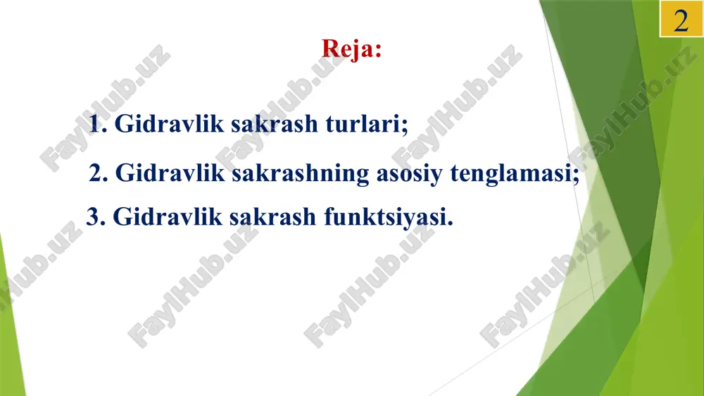 dravlik sakrash – koʼmilgan holatda: 12 gidravlik sakrashning asosiy tenglamasi harakat miqdorining oʼzgarishi haqidagi teorema: 13 1-1 va 2-2 kesimlar uchun: 14 15 gidravlik sakrashning asosiy tenglamasi. gidravlik sakrash funktsiyasi: 16 gidravlik sakrash funksiyasi grafigi 17 toʼgʼri toʼrtburchak shaklidagi kanallarda: 18 gidravlik sakrash uzunligi m.d.chertousov: 19 19 f.i.pikalova: n.n.pavlovskiy: safronets: b.baxmetov: 20 20 uyga vazifa: toʼgʼri toʼrtburchak kanaldagi gidravlik sakrashning ikkinchi tutashtiruvchi chuqurligini aniqlang. berilgan: n1 – guruh raqami, n2 – ismingizdagi harflar soni. 21 21 21 adabiyotlar 1. k.sh.latipov, a.m.arifjanov, x.kadirov, b.toshov “gidravlika va gidravlik mashinalar”, navoiy sh., alisher navoiy, 2014 y. -268b 2. k.sh.latipov, a.m.arifjanov, fayziev x “gidravlika”, toshkent, taqi, 2015 y. 459b. 3. t.kaletova, a.m.arifjanov “hydromechanika”, nitra, 2019y, -160 pages. 4. a.m.arifjanov, t.u.apakxujaeva. gidravlika (uchebnoe posobie). –tashkent. faylasuflar, 2019 g. -280s. 5. a.m.arifjanov, p.n.gurina, t.u.apakxujaeva “gidravlika”, toshkent, tiqxmmi, 2018g, -171 s. 6. a.m.arifjanov, q.t.raximov, a.k.xodjiyev, “gidravlika”. – toshkent, timi, 2016 y. -366 b. 7. a.m.arifjanov “gidravlikadan masalalar …