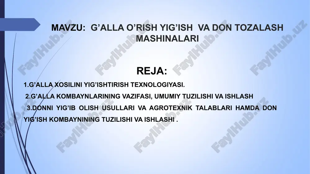 i va rusumlari qamrash kengligi (vm),m kinematik uzunligi (lm),m massasi (gm),kn konstruktiv kengligi (dk),m nisbiy qarshiligi km (kh/m) 1 klaas dominator-130 4,2 9,1 77,6 4.5 1,7-1,9 tukano-430 5,0 10,1 141,7 5.6 2 keys keys-2388 6,0 10,6 124,0 7.2 g’allani o’rib–yig’ib olishga qo’yiladigan agrotexnik talablar kombayn jatkasidagi don nobudgarchiligi, ko’pi bilan 0,5 %; kombayn orqasidagi yerga to’kilgan don miqdori, ko’pi bilan 1,5 %; bunkerdagi donning shikastlanganlik darajasi, ko’pi bilan 2 %; bunkerdagi donning tozaligi, eng kamida 3 % bo’lishi kerak g’allani o’rib-yig’ib olishning texnologik jarayonlari i - g’allani o’rib olish; ii – g’allani yanchish; iii – somonni ajratish; iv – donni tozalash umumiy xulosalar 1.g’alla o’rish-yig’ish mashinalarining vazifalari, ishchi organ va mexanizmlarining tuzilishi, markalari va ularga qo’yilgan agrotexnik talablar taxlil etilgan. 2.g’alla o’rish yig’ish mashinalarining qishloq xo’jaligida tutgan o’rni beqiyos, bu turdagi mashinalar yordamida yetishtirilgan xosil nes-nobud qilinmay qisqa muddatlar ichida yig’ib olinadi. nazorat savollari 1.g’alla hosilini yig’ishtirish texnologiyasi haqida ma’lumot …