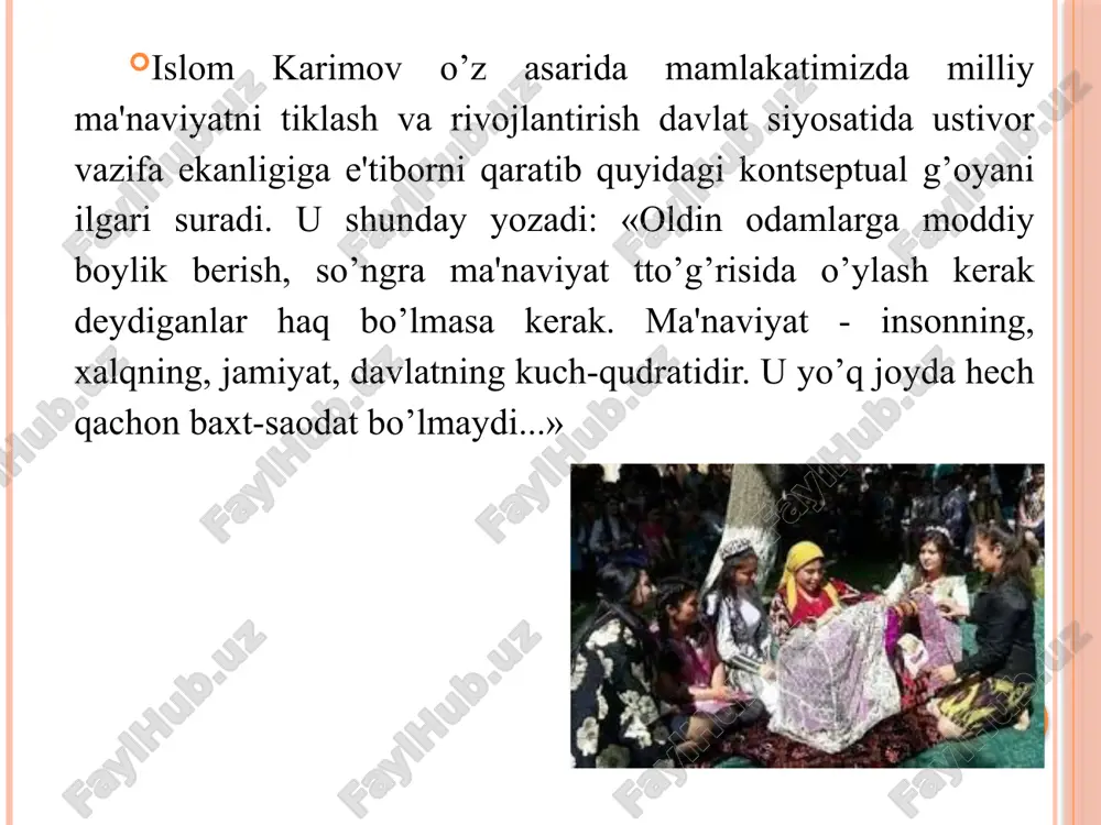on sivilizatsiya tizimiga kirib borishi tezlashadi. faqat mustaqillikni qo’lga olishimiz sharofati tufayligina ma'naviy merosimizni, ko’hna va navqiron tariximizni o’rganish, jahon sivilizatsiyasidagi munosib o'rnimizni tiklash va demokratik jamiyat qurishdek baxtga musharraf bo’ldik. bunday imkoniyatlarni qo’lga kiritishimizda xalqimizning sevimli farzandi, ulkan davlat va siyosat arbobi, etuk olim, vatanparvar va millatparvar inson islom karimovning etakchilik va rahbarlik roli asosiy rol o’ynadi. mustaqillik yillarida ma'naviy merosimiz rahnamolari nomlari tiklandi, ular tavallud topgan kunlar nishonlanmoqda, asarlari chop etildi va etilmoqda. chunonchi, bahouddin naqshband tavalludining 675 yilligi; najmiddin kubro tavalludining 850 yilligi keng nishonlandi. 1998 yilda imom al-buxoriy hazratlarining 1225 yilliklari, ahmad al-farg’oniyning 1200 yilligi, a.qahhorning 100 yilligi nishonlanishida bosh-qosh bo’lganliklarini ta'kidlash lozim. mustaqillik yillarida ma'naviy merosimiz rahnamolari nomlari tiklandi, ular tavallud topgan kunlar nishonlanmoqda, asarlari chop etildi va etilmoqda. chunonchi, bahouddin naqshband tavalludining 675 yilligi; najmiddin kubro tavalludining 850 yilligi keng nishonlandi. 1998 yilda imom al-buxoriy hazratlarining 1225 yilliklari, ahmad al-farg’oniyning 1200 yilligi, a.qahhorning 100 …