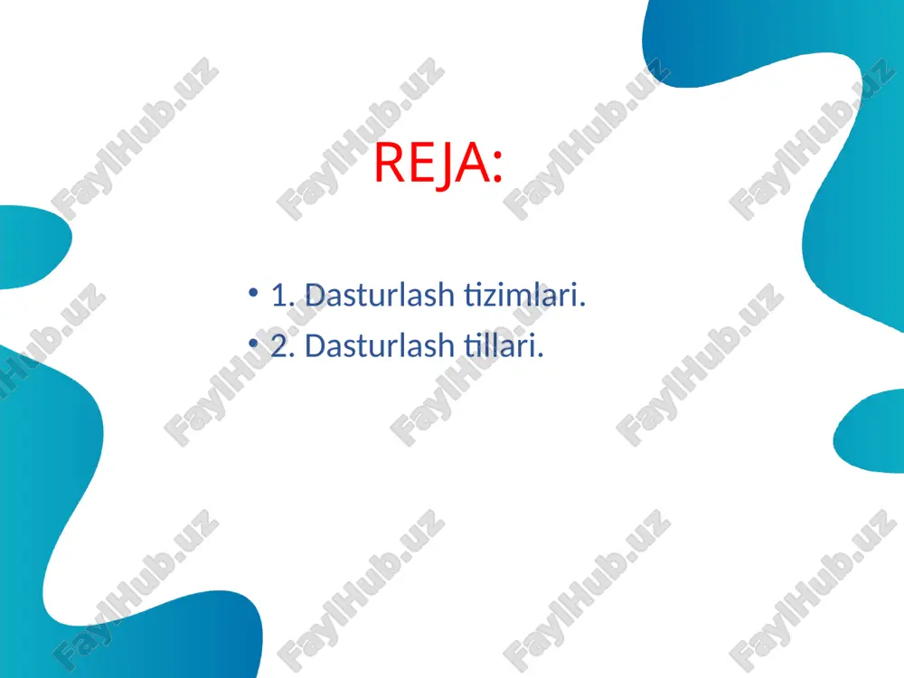 onlar) 5 – til konvertorlari 6 – redaktorlar va matn protsessorlari 7 - otladchiklar 8 - dizassembler 9 – kross sistemalar 1. assembler – biron bir mashina kodida yozilgan dastur matnini obʼekt kodiga aylantirish uchun mo’ljallangan. (assembler tilidagi matn direktivalar va ismlardan tashkil topadi, mashina kodi esa faqat baytlardan tashkil topadi.); 2. aloqa redaktorlari – assembler yordamida alohida olingan obʼekt modullarini yagona modulga birlashtirishga mo’ljallangan. aloqa redaktori chegarasida barcha adress yo’nalishlari yagona adreslar fazasiga joylashtiriladi. 3.makroprotsessorlar –kiritiladigan matn simvollarini makroo’zgartirish qoidalari asosida o’zgartiruvchi dastur. 4. translyatorlar (tarjimonlar) bir tilda yozilgan matnni boshqa tilga o’giradilar. translyatorlarning quyidagi ko’rinishlarini ajratib ko’rsatish mumkin: 5. til konvertorlari bir yuqori daraja dasturlash tilida yozilgan dastur matnini boshqa yuqori daraja dasturlash tiliga aylantirish uchun mo’ljallangan. 8. dizassembler - bu mashina kodlaridagi dasturni assembler ko’rinishiga oʼzgartiradigan dastur. 9. kross-tizim – asosiy hisoblash muhitidan dasturlarni olib komp’yterda mashina kodlarida ifodalash uchun qoʼllaniladi. loyihalashtirilayotgan hisoblash tizimlari arxitekturasini otladka qilish …