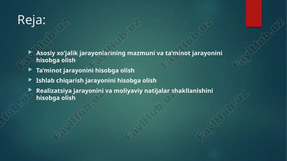 a sarflangan materiallar qiymati. bundan sarflangan materiallarning haqiqiy tannarxini (hts.m.) quyidagi formula bo‘yicha aniqlash mumkin: ishlab chiqarish jarayonini hisobga olish ishlab chiqarish jarayoni bilan aloqador sintetik schotlar to‘g‘risida qisqacha tavsif berib chiqish yo‘li bilan ishlab chiqarish jarayoni hisobining vazifalari va ahamiyati haqida talabalarni tanishtirib chiqamiz. ishlab chiqarish jarayonini hisobga olishning asosiy vazifalari quyidagilardan iborat: natural va pul ifodasida ishlab chiqarishning haqiqiy hajmini aniqlash. bunda jami ishlab chiqarilgan mahsulotning miqdori kabi, ular ayrim turlarining ham miqdori aniqlanadi; ishlab chiqarishga qilingan xarajatlarni aniqlash va mahsulotlarning haqiqiy tannarxini hisoblash. buning uchun korxonaning jami ishlab chiqarilgan mahsulotga qilgan xarajatlari hamda alohida mahsulot turlarining tannarxi aniqlanadi. realizatsiya jarayonini va moliyaviy natijalar shakllanishini hisobga olish ishlab chiqarilgan tayyor mahsulotlarni sotish natijalari realizatsiya jarayonida aniqlanadi. realizatsiya foyda yoki zarar bilan yakunlanadi. ayrim manbalarda realizatsiya jarayoni sotish jarayoni deb ham ataladi. bizning fikrimizcha, bu unchalik to‘g‘ri emas. chunki, ishlab chiqarish jarayonida tayyorlangan mahsulotlar sotiladi, bajarilgan ish va xizmatlar …