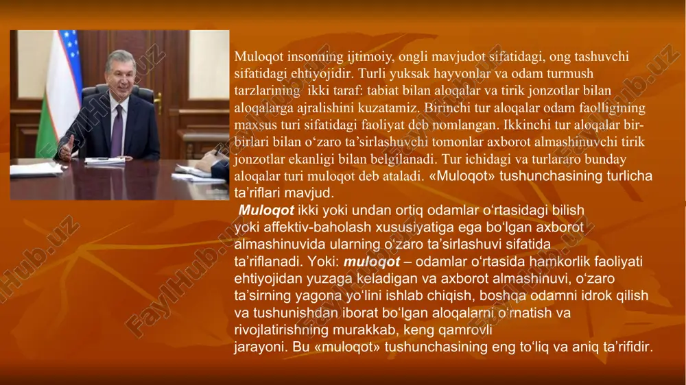 ushlar uyg‘unligidan iborat, ayni vaqtda shu tovushlarga mos yozuv belgilari tizimi orqali ifodalangan ma’no va mazmunga ega. til – shartli belgilar tizimi bo‘lib, ularning yordamida odamlar uchun muayyan ma’noga va mazmunga ega bo‘lgan tovushlar yig‘indisi uzatiladi. nutqda alohida insonning ruhiyati ifoda topadi. nutq xususiy jihatdan alohida shaxsga xos bo‘lib, unda alohida olingan insonning psixologiyasi aks etadi, til esa hamma uchun bittadir. nutq orqali bildirilgan ishoralar yordamida muayyan predmet, harakat, holat va h.k. ifodalanadi. so‘z esa, predmet yoki hodisa to‘g‘risidagi tasavvur bilan bog‘liq. umumlashtirish funksiyasi har bir so‘z umumlashtirish xususiyatiga ega ekanligi bilan bog‘liq, bu esa tafakkurning yuzaga chiqishiga imkon yaratadi. fikr almashuv, ya’ni muloqot muayyan ma’lumotlarni, fikrlarni, tuyg‘ularni odamlar bir-birlariga etkazib berishdan iborat bo‘lgan jarayondir. inson nutqining aniqligi cheklangan miqdordagi nutqiy belgilar – turli murakkablikdagi tarkibiy qismlar (tovushlar, bo‘g‘inlar, so‘zlar va gaplar) yordamida insonning cheksiz-chegarasiz turli-tuman fikrlarini, maqsadlarini va tuyg‘ularini ifodalash imkonini beradi. muloqot mazmuni – bu individualliklararo aloqalarda bir …