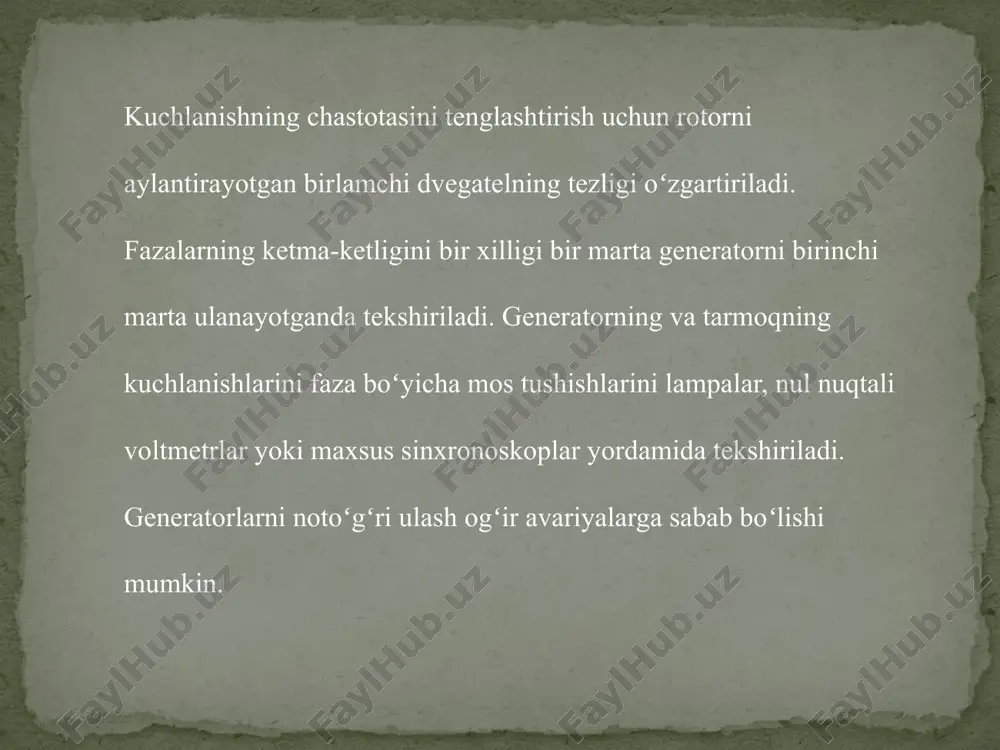 da maxsus pribor- sinxronoskop yordamida anikdanadi. noaniq sinxronlash usuli. elektr stansiyalarda ba’zan bitta yoki bir necha sinxron generatorlar elektr tarmogiga parallel ulanib, ishdan tez-tez toʻxtatib turiladi. bu sh aroitda har gal sinxronlash koʻp vaqt va malaka talab qiladi. soʻnggi vaqtlarda parallel ulashning yangi usuli, ya’ni noaniq sinxronlash usuli ish lab chiqildi va bu usul turli elektr stansiyalarda keng tatbiq qilinmokda. bu usulda xatto kuchlanish va chastotalarning farqi ancha katta boʻlgan sharoitda ham generatorni qisqa vaqt ichida tarmoqqa parallel ulash mumkin. sinxron generatorning burchak xaraktestikasi. mashinaning induktiv qarshiligi xc ham oʻzgarmas miqdor u xolda sinxron mashinaning elektromagnit quvvati yoki momenti faqat  burchakga bogʻliq boʻladi: pem=f() va mem=f()bu bogʻlanishlar sinxron mashinaning burchak xarakteristikasi deyiladi.sinxron mashinalarning burchak harakteristikasi sinusoidal egri chiziq boʻlib muhim amaliy ahamiyatga egadir bu harakteristikasi yordamida sinxron mashinaning sinxron ishlashining mukammalroq oʻrganish mumkin. sinxron generatorning elektromagnit momenti sinxron mashina generator sifatida ishlaganda tashqi zanjirga p2=muicos ga aktiv kuvvatni beradi. …