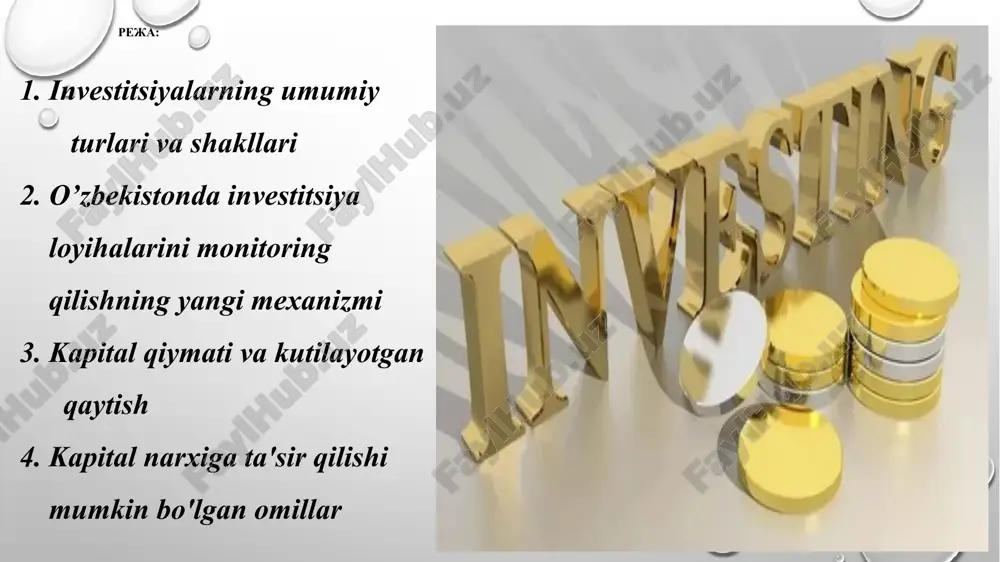 snifi investitsiyalar turlarining bir qancha nazariy tasniflari mavjud. investitsion ob’ektlar toifalari bo’yicha: asosiy va aylanma mablag’lar, shuningdek, intellektual mulk shaklidagi moddiy va nomoddiy aktivlarning real uzoq muddatli to’g’ridan-to’g’ri qo’yilmalari. korxonalarning asosiy fondlari shunday yaratiladi. ular ishlab chiqarishni kechiktirilgan foyda bilan kengaytirish, takomillashtirish va yangilashga qaratilgan. moliyaviy portfel investitsiyalari to’g’ridan-to’g’ri daromad olishga olib keladi. bular fyuchers va qimmatli qog’ozlar, aktsiyalar, obligatsiyalar va qarz majburiyatlari ko’rinishidagi investitsiyalardir. shuningdek, biznes, moliyaviy loyihalar va lizingga investitsiyalar. bunday investitsiya ob’yektlaridan olinadigan daromad muntazam dividendlar va ular sotilgan taqdirda narxlarning oshishidan tashkil topadi. spekulyativ valyuta va qimmatbaho metallar turlariga investitsiyalar. investorlarning jarayonlarda ishtirok etish usullariga ko’ra, to’g’ridan-to’g’ri va bilvosita ham ajralib turadi: investorning ob’ektni tanlashda bevosita ishtirok etishi , uning ustav kapitaliga qo’shadigan hissasi va investitsiya ob’ektini boshqarishda ishtirok etishi. vositachilar – investitsiya fondlari, brokerlar, moliyaviy maslahatchilar orqali investitsiyalarda bilvosita ishtirok etish . aktivlarni investitsiya qilish shartlari bo’yicha investitsiyalarni tasniflash muhim: besh yildan ortiq davom etadigan …