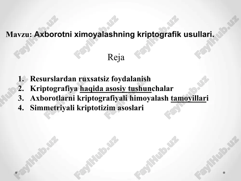 tlarni ishlatish-ga huquq berish jarayoni. ayrim veb-saytlar foydalanuvchilarga qo‘shimcha xizmatlarni olish va pullik xizmatlarga obuna bo‘lish uchun ro‘yxatdan o‘tishni hamda login va parol olishni taklif qiladilar. foydalanuvchi ro‘yxatdan o‘tgandan so‘ng tizimda unga qayd yozuvi (account) yaratiladi va unda foydalanuvchiga tegishli axborotlar saqlanadi. login va parol masalalari login va parolga ega bo‘lish shartlari. biror shaxs o‘zining login va paroliga ega bo‘lishi uchun u birinchidan axborot kommunikatsiya tizimida ruyxatdan o‘tgan bo‘lishi kerak va shundan so‘ng u o‘z logini va parolini o‘zi hosil qilishi yoki tizim tomonidan berilgan login parolga ega bo‘lishi mumkin. login va parolni buzish. login va parolni buzish – bu buzg‘unchining biror bir maqsad yo‘lida axborot kommunikatsiya tizimi ob’ektlaridan foydalanish uchun qonuniy tarzda foydalanuvchilarga tegishli login va parollarini buzishdir. login va parolni o‘g‘irlash. login va parolni o‘g‘irlash – bu foydalanuvchilarning mahfiy ma’lumotlari bo‘lgan login va parollarga ega bo‘lish maqsadida amalga oshiriladigan internet firibgarligining bir turidir. kriptografik usullardan foydalanishning asosiy yo’nalishi …