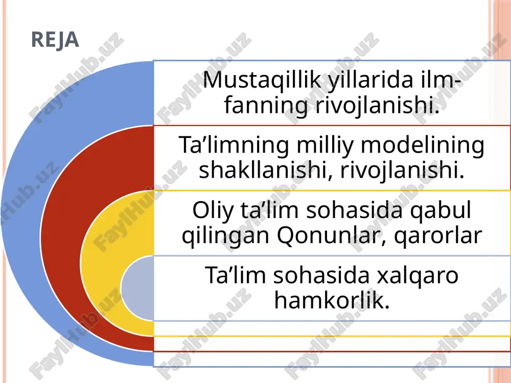 faol ishtirok etishi mumkin. umumiy o’rta ta’lim. umumiy o‘rta ta‘lim bosqichlari quyidagilar: boshlang‘ich ta‘lim(i-iv sinflar). umumiy o‘rta ta‘lim(i-ix sinflar). bu ta‘lim umumiy o‘rta ta‘lim olish uchun zarur bo‘lgan bilim, ko‘nikma asoslarini, savodxonlik tartib toptirishga qaratilgandir. boshlang‘ich ta‘limga bolalar 6-7 yoshdan qabul qilinadi o‘rta maxsus, kasb-hunar ta‘limi o‘rta maxsus, kasb-hunar ta‘limi olish maqsadida har kim umumiy o‘rta ta‘lim asosida akademik liseyda yoki kasb-hunar kollejida o‘qishning yo‘nalishini ixtiyoriy ravishda tanlash huquqiga ega oliy ta’lim oliy ta‘lim yuqori malakali mutaxassislar tayyorlashni ta‘minlaydi. oliy ma‘lumotli mutaxassislar tayyorlash oliy o‘quv yurtlarida (universitetlar, akademiyalar, institutlar va oliy maktabning boshqa ta‘lim muassasalarida) o‘rta maxsus kasb-hunar ta‘limi asosida amalga oshiriladi. oliy ta‘lim ikki bosqichga bo‘linadi: davlat tomonidan tasdiqlangan namunadagi oliy ma‘lumot to‘g‘risidagi hujjatlar bilan dalillanuvchi bakalavriat va magistraturaga ega. oliy o’quv yurtidan keyingi ta’lim oliy o‘quv yurtidan keyingi ta‘lim jamiyatning yuqori malakali ilmiy va ilmiy pedagogik kadrlarga bo‘lgan ehtiyojlarni ta‘minlashga qaratilgandir. oliy o‘quv yurtidan keyingi ta‘lim oliy o‘quv …