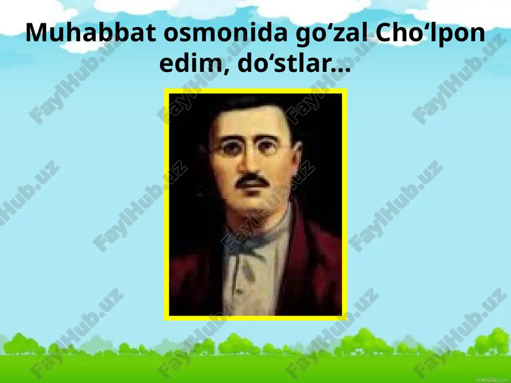 ; 1935-37 - «mushtum» va «guliston» jurnallari hamda «teatru» gazetasida adabiy xodim (jamoatchilik asosida). asarlari she'riy to'plamlari: “uyg'onish” (1922); “buloqlar” (1923); “o'zbek yosh shoirlari” (1923); “go'zal yozg'ichlar” (1925); “adabiyot parchalari” (1926) ; “tong sirlari” (1926); “soz” (1935); “jo`r” - oxirgi to’plami, nashr etilmay qolgan. “yana oldim sozimni” (1991). diqqat, bilib oling! barmoq vazni cho`lpon va fitratning ijodiy izlanishlari bilan xx asrning 20-yillari boshlaridayoq yangi o‘zbek she’riyatining asosiy vazniga aylandi. pyesalari 1928-yil - “o’rtoq qarshiboyev”; 1921-yil - “yorqinoy”; 1921-yil – “o‘ldiruvchi”; 1922-yil - «sevgi va saltanat» ; 1922-yil – “cho‘pon sevgisi”; 1928-yil - “hujum” (rus yozuvchisi v.yan bilan); 1921-yil - “halil farang”; 1926-yil - “cho`rining isyoni”; “qorovul uyqusi”; “yana uylanaman“; “uzunquloq bobo" “mushtumzo'r“… ocherk va hikoyalari ocherklari: “yo‘l esdaligi”; “vayronalar orasidan” ocherklari… hikoyalar: “oydin kechalarda”; “qor qo'ynida lola“; “novvoy qiz”; “oq podshoning in’omi”; “gavharoy”… tarjimachilik k.gotssi, «malikai turondot»; n.v.gogol - «tergovchi»; bill belotserkovskiy «labbay», «po‘rtana»; moler - «xasis»; k.goldon - «ikki …