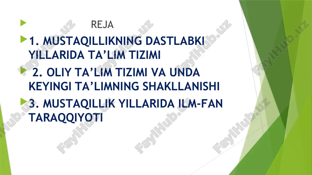 o‘qituvchilar va murabbiylar kuni» belgilandi hamda bu kun bayram sifatida dam olish kuni deb e’lon qilindi. 8 1990–2010-yillarda 300 ga yaqin yangi turdagi ta’lim muassasalari oshildi. oliy o‘quv yurtlari qoshida 46 ta litsey tashkil etildi, 9 800 ga yaqin o‘quvshi shet ellarda ta’lim oldi, ko‘rgina o‘qituvshilar xorijiy davlatlarning ilg‘or tajribalarini o‘rganish maqsadida shet mamlakatlarga borib qaytdi. 10 1997- yildan boshlab hozirga qadar 1400 dan ortiq kasb-hunar kolleji, 200 ga yaqin akademik litsey bunyod etildi. 11 prezidentimiz sh.m.mirziyoyev tomonidan xalq taʼlimi tizimiga oid 6 ta farmon va qarorlar, shuningdek, o‘zbekiston respublikasi vazirlar mahkamasining 21 ta qarori qabul qilinib, bu sohadagi islohotlarning huquqiy-meʼyoriy asoslari mustahkamlandi. 12 2011-yilda eng zamonaviy o'quv va laboratoriya jihozlari bilan ta'minlangan, 46300 o'quvshiga mo'ljallangan 166 ta yangi maktab qurildi va rekonstruksiya qilindi, 151 ta maktab karital ta'mirlandi. 852 ta maktabda zamonaviy o'quv komryuter sinflari tashkil etildi. 9 400 dan ziyod umumta'lim maktabi yoki jami maktablarning 96% ziyonet elektron …