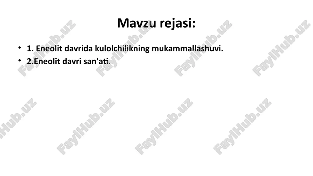 kengayishini taʼminlaydi. hayvonga qo‘shilgan aravadan foydalanish boshlangandan so‘ng ilk shahar markalarining qiyofasi o‘zgara boshlaydi. shahar ichkarisiga kirish uchun keng darvozalar qurilib, undan boshlangan ko‘chalar atrofida joylashgan imoratlar ilgaridan rejalashtirilgan loyiha asosida tartib bilan qurila boshlaydi. eneolit davri aholisi amaliy sanʼatida haykaltaroshlik muhim o‘rin egallagan. antropomorf va zoomorf shaklli haykachalar o‘zida qadimgi dehqonlarning real hayoti va g‘oyaviy qarashlarini namoyon qilgan. nufuzli ayolning tik turgan holatini aks etgan haykalchalar ko‘payadi. hosildorlik va ona maʼbudasi haykalchalarning ahamiyati oshadi. ularning bo‘ynidagi rangli munchoqlari va tanasidagi ramziy belgilari go‘yo tabiat bilan hamnafasdek ko‘rinadi. hayvonlar tasvirlangan haykalchalar ham ko‘p uchraydi. sopol buyumlarining yasalish usuli mukamallashib, ularning turi ko‘payadi. sopollarning sirtiga chizilgan naqshlar mazmunan boyib boradi. monoxrom va polixrom naqshlar yorqin va qizil taglik ustidan chizilgan qora, jigar yoki ularning biri ishlatilgan bezaklardan iborat. sopol buyumlari yarimsferik va konussimon shakldagi kosa va xurmachalarni tashkil etadi. eneolit evrazii: 1 — kultura tripole-kukuteni; 2 — rannetripolskaya kultura; 3 — …